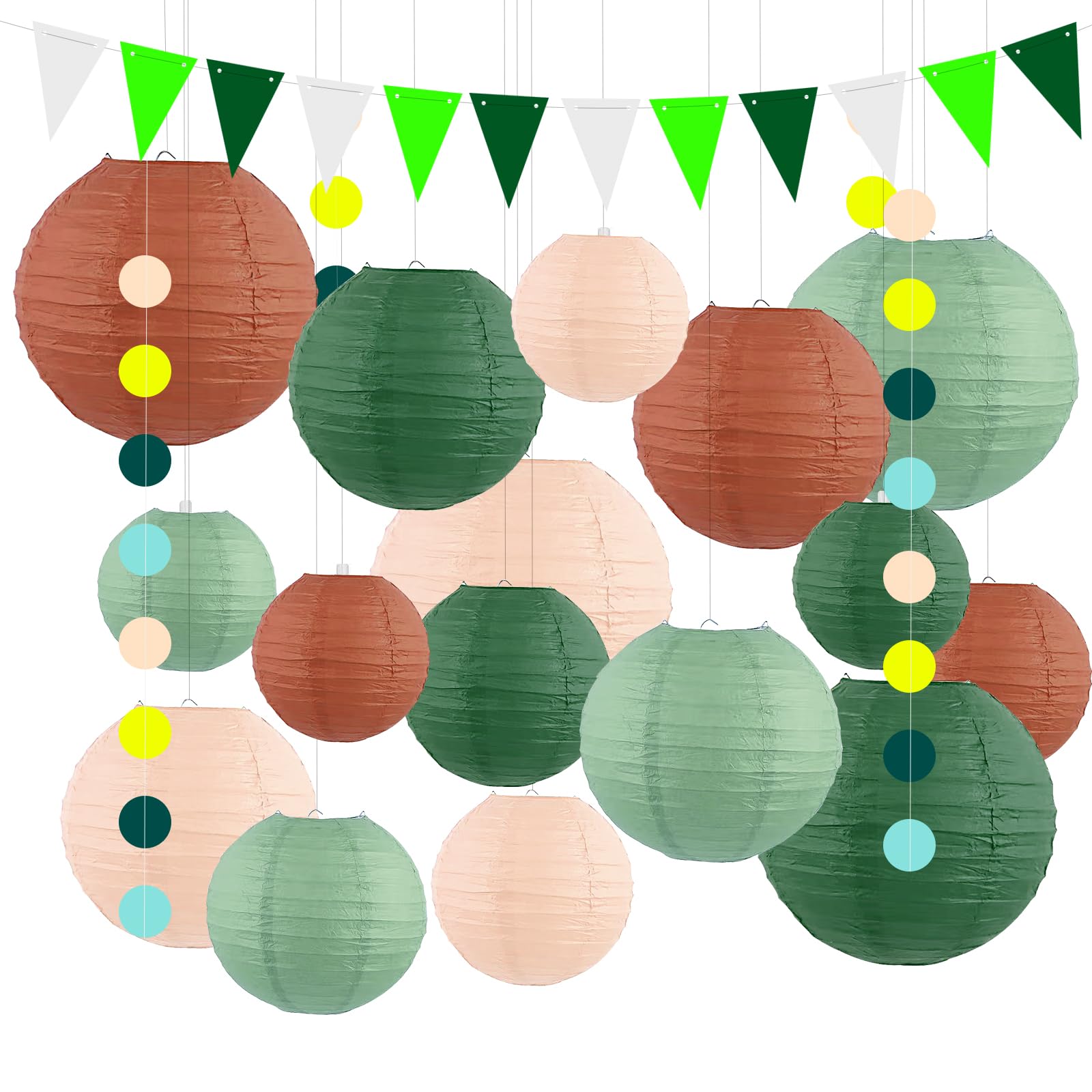 18 Stück Papierlaternen Set,Wiederverwendbare dekorative rundeLaternen-Schirme,für Schulveranstaltungen,Geburtstagsfeiern,inklusive bunten Fahnen und Pailletten (Grünes Set)