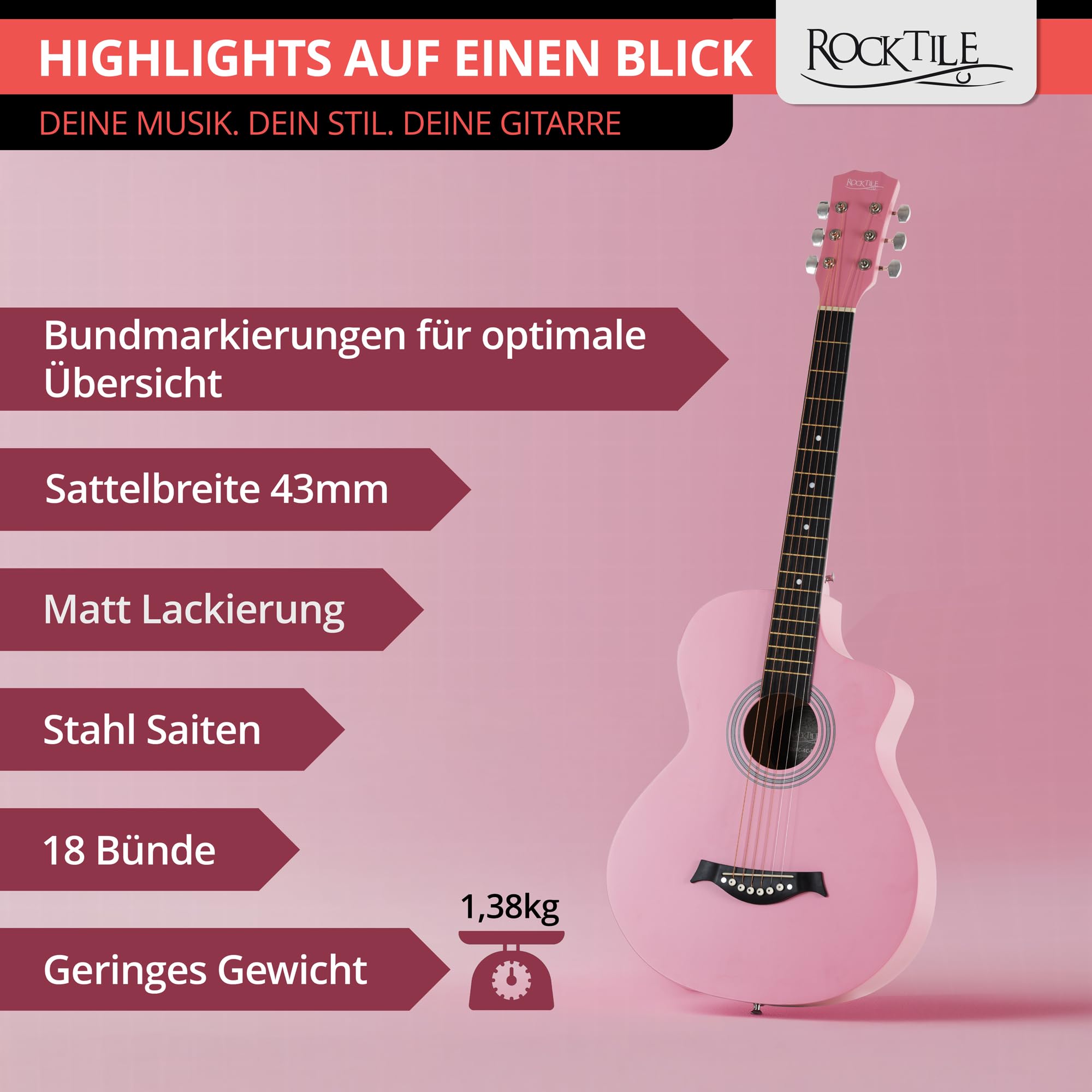 Rocktile WSC-4C-PK Chitarra Western Rosa, Generale, Modello: WSC-4C-PK | Peso: 1, 38 kg, Numero di corde: 6, Orientamento: Destrimano, Corpo, Forma del corpo: Concert con cutaway, Tavola: Tiglio