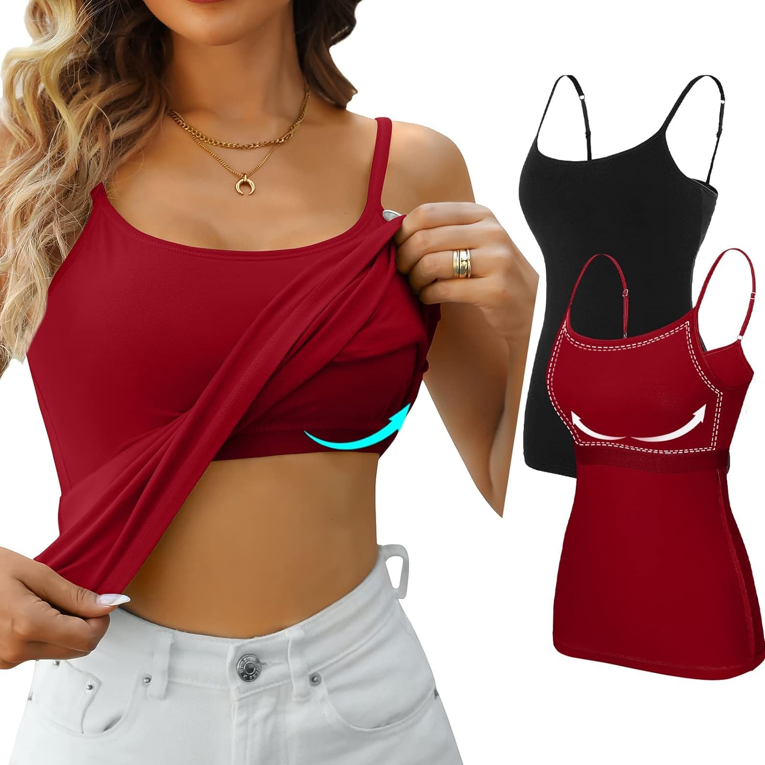 Attraco 2er Pack Damen Baumwolle Tank Top mit Regal BH Unterhemd Verstellbarer breiter Riemen Camisole Basic Cami Tanks