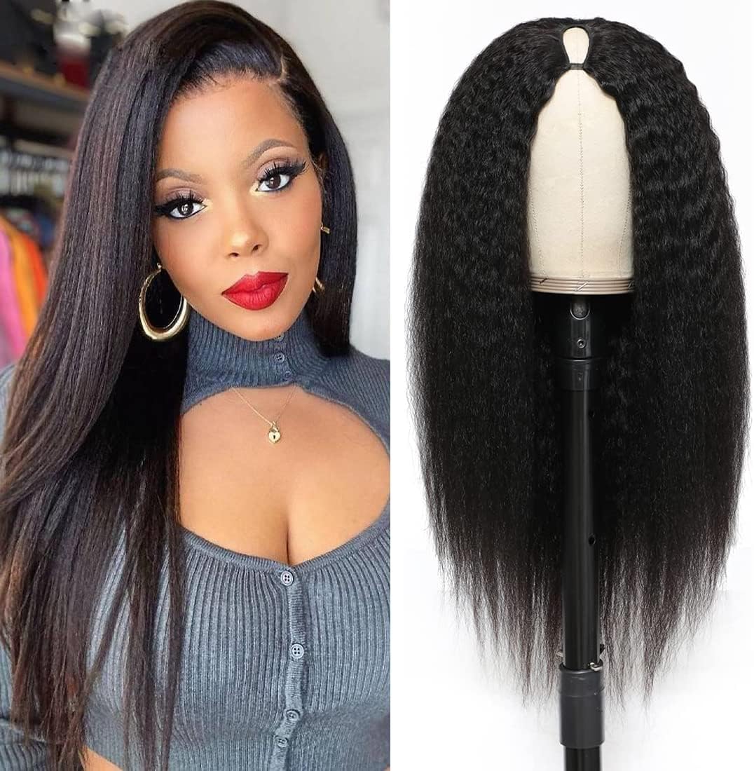 DMS V Part Wig Human Hair Wigs for Black Women Kinky Straight V Part Wig 12A Virgin Hair No Lace Upgrade U Part Human Hair Wigs Full Head Clip in Half Wig V Shape Wigs (16inch)