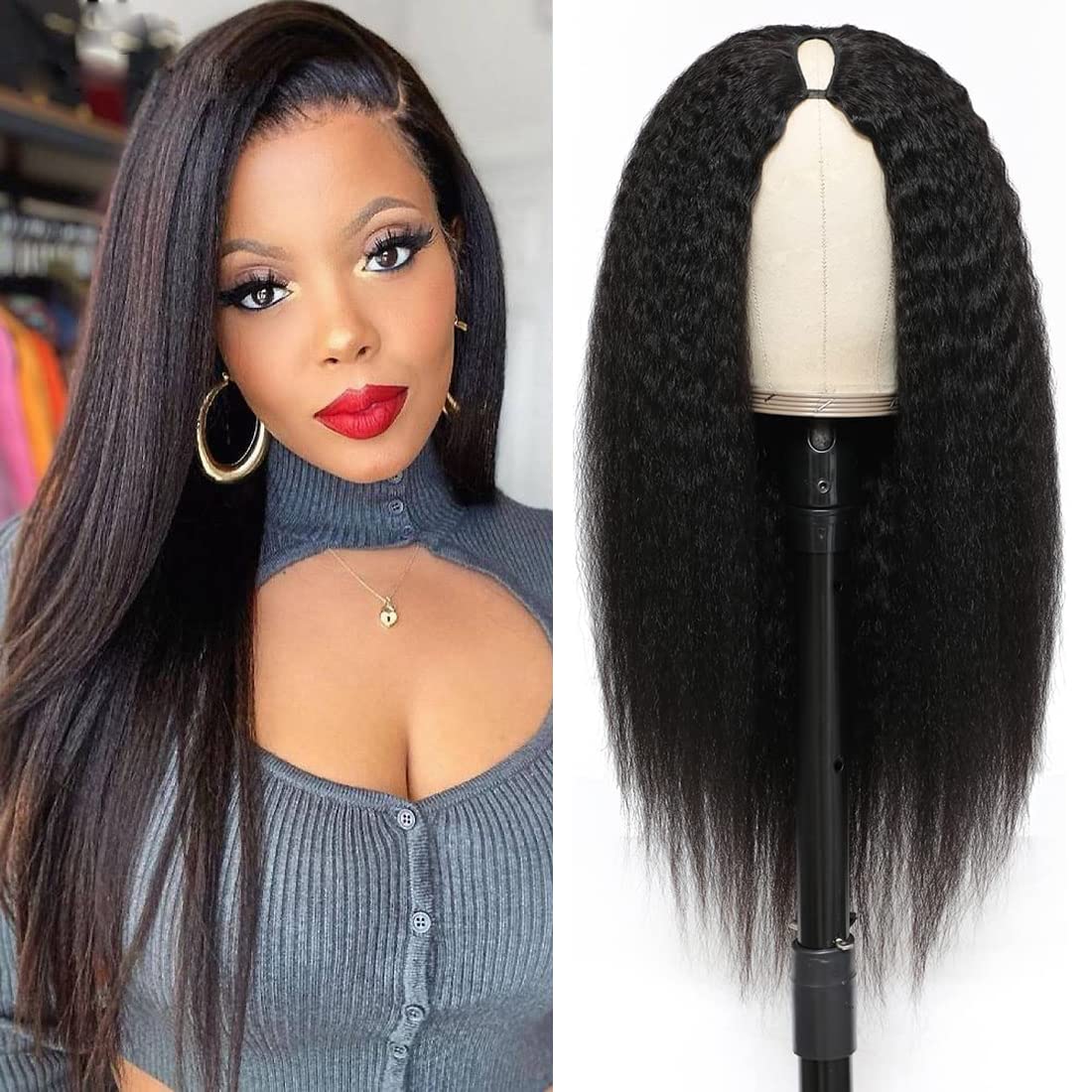 DMS V Part Wig Human Hair Wigs for Black Women Kinky Straight V Part Wig 12A Virgin Hair No Lace Upgrade U Part Human Hair Wigs Full Head Clip in Half Wig V Shape Wigs (16inch)