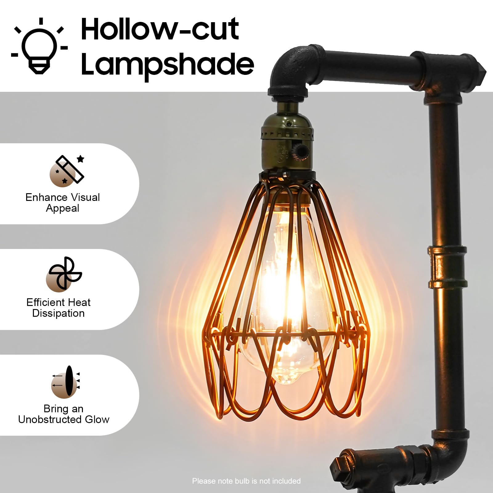 Lampada da tavolo industriale, lampada da scrivania retrò, lampada tubolare E27, lampada da comodino, in ferro, legno, nero, 12 W, design vintage, cavo da 1,8 m, con interruttore, per camera da letto