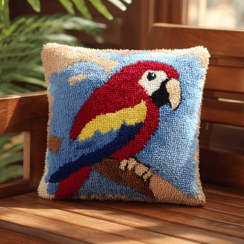 Kitquiver Latch Hook Kits Parrot for Adults,Beginners DIY Latch Hook Cushion Kits and Latch Rug Kits Cross-Stitch Embroidery Cushion Cover for Home Sofa Decoration 17X17 in