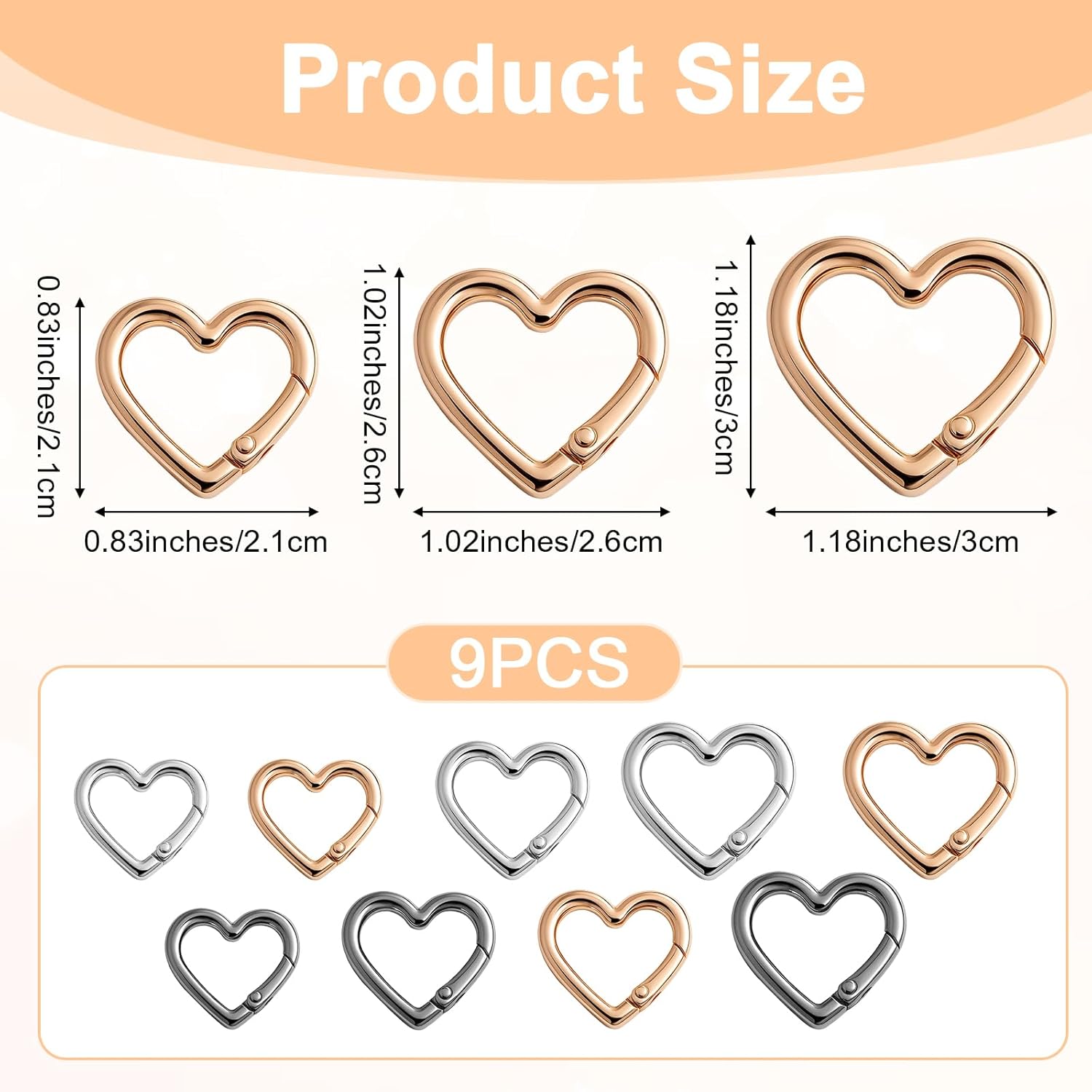 9 Pcs Heart Spring Clasp Heart Keychain Clip Set 3 Sizes Zinc Alloy Heavy Duty Hearts Clip Carabiner Hook for DIY Crafts Camping Hiking Fishing Women Gifts (Silver Black Light Gold) - Image 2