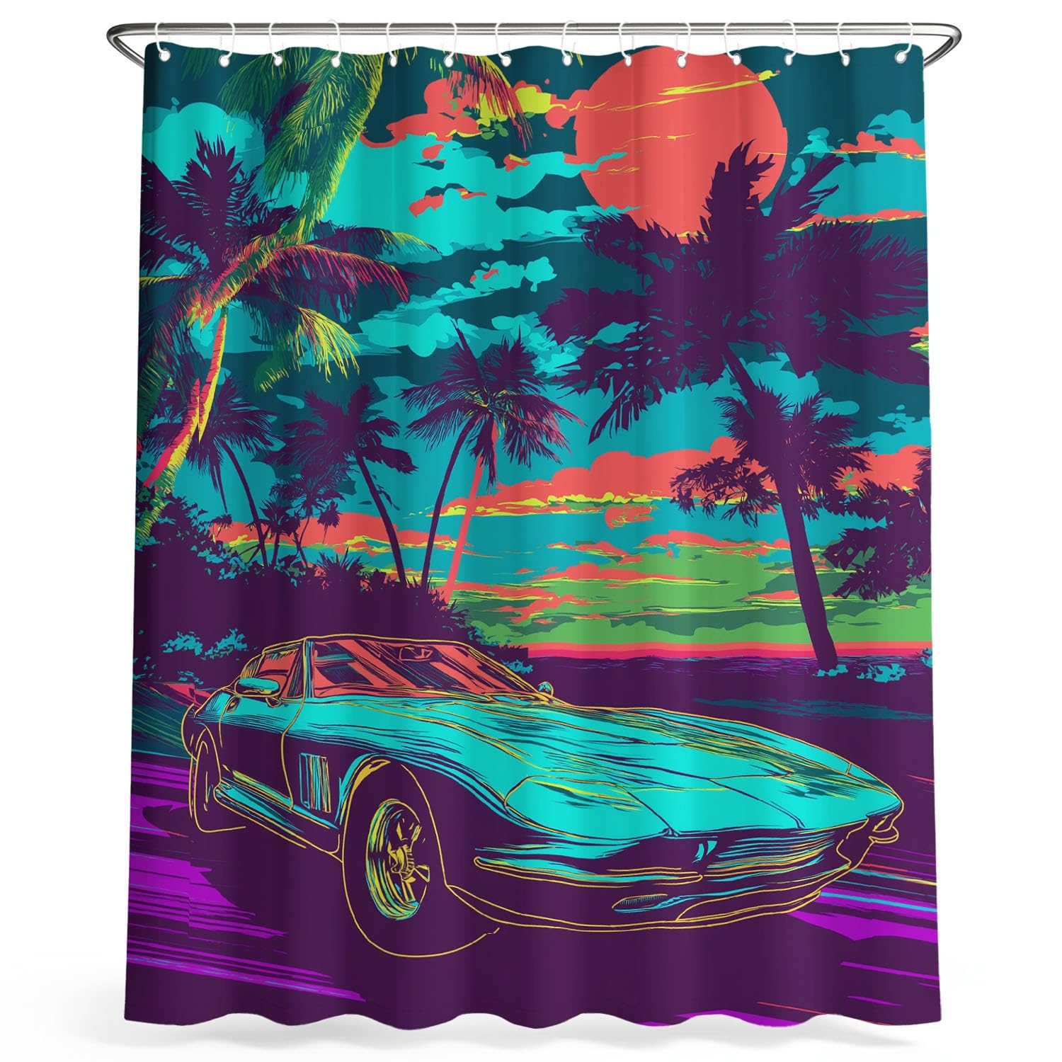 Generico Multicolore Tende da Doccia 240 x 200 cm Vintage Fantasia Paesaggio Auto Tenda da Doccia Impermeabile Lavabile in Poliestere con Ganci per Bagno, Vasca da Bagno