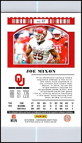 Miniatura 2 de 2019 Panini Contenders Draft Tickets Season Ticket Football #47 Joe Mixon Oklahoma Sooners