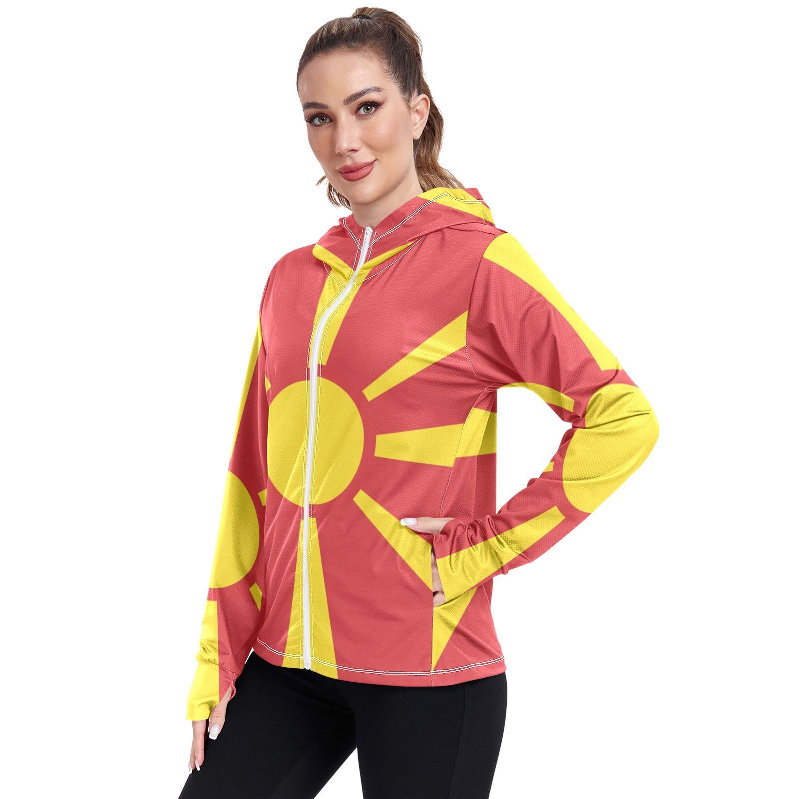 Macedonia Flag Womens UPF 50+ Sun Protection Hoodie Jacket Lightweight Long Sleeve Sun Shirt with Pocket Multicoloured