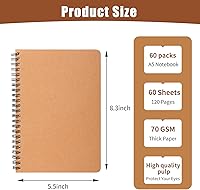 miikoul 60 Pack A5 Spiral Lined Notebooks Kraft Cover 8.3x5.5" 120 Ruled Pages Bulk Journals for School Office Travel
