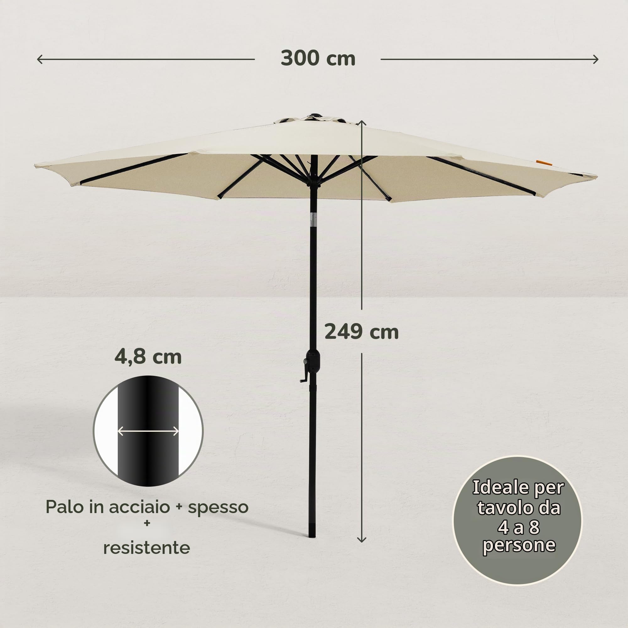 JJ. Juanito - Ombrellone dritto rotondo inclinabile, diametro 300 cm, apertura manovella, tela di qualità professionale, resistente ai raggi UV 240 g/m2, lavabile in lavatrice, resistente al vento