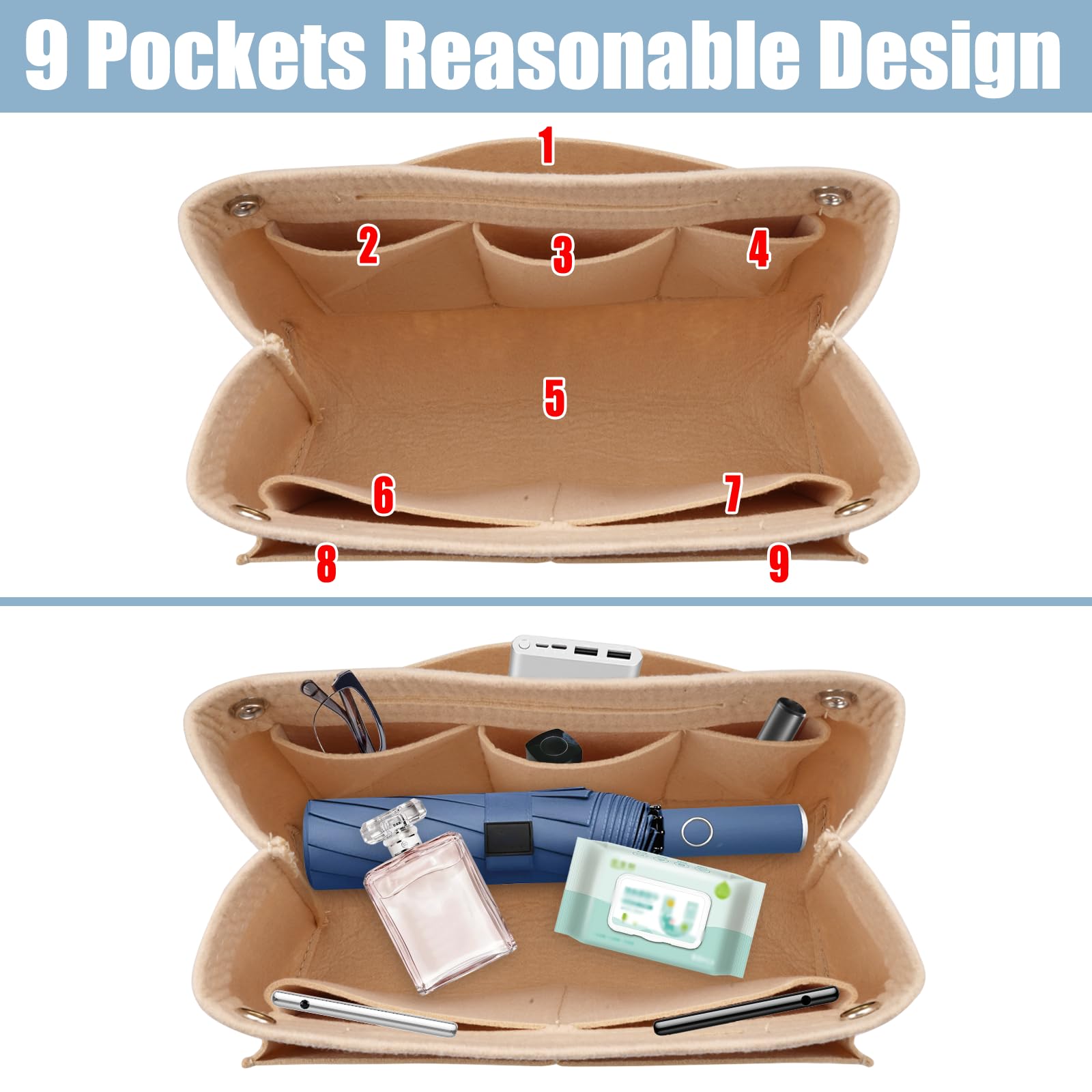 Filcowy organizer do torebki, 24 x 8 x 15 cm, filcowy organizer do torebki, kieszeń wewnętrzna na torebki z wieloma przegródkami (beżowy)