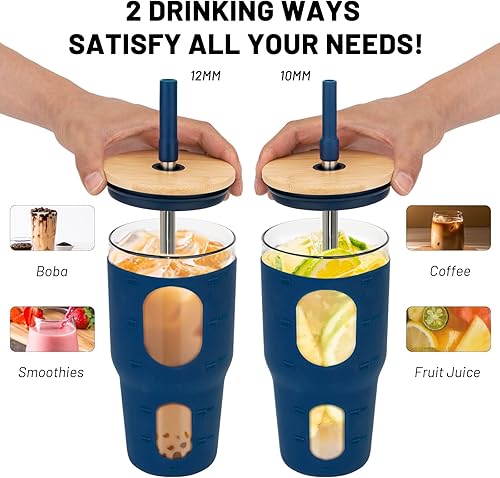 Miniatura 4 de Tronco Vaso de 32 onzas con popote y tapa, vaso de vidrio reutilizable con marcador de tiempo, funda de silicona, se adapta a portavasos y sin BPA