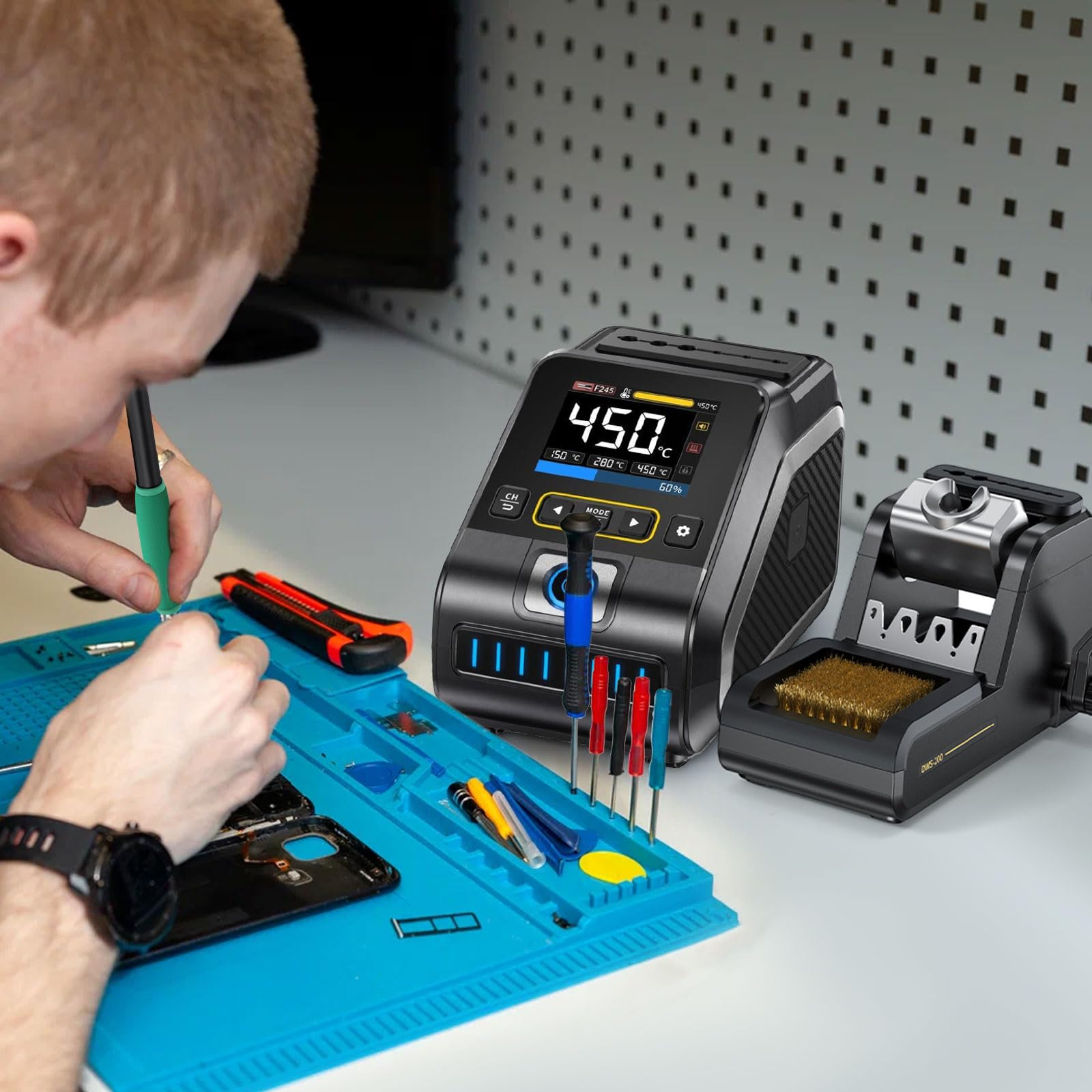DWS-200 Lötstation Profi Lötkolben Station Set 100-450°C Keramikheizelement LCD-Display für Elektronik, DIY-Projekten, Nachbesserungen, Reparaturen