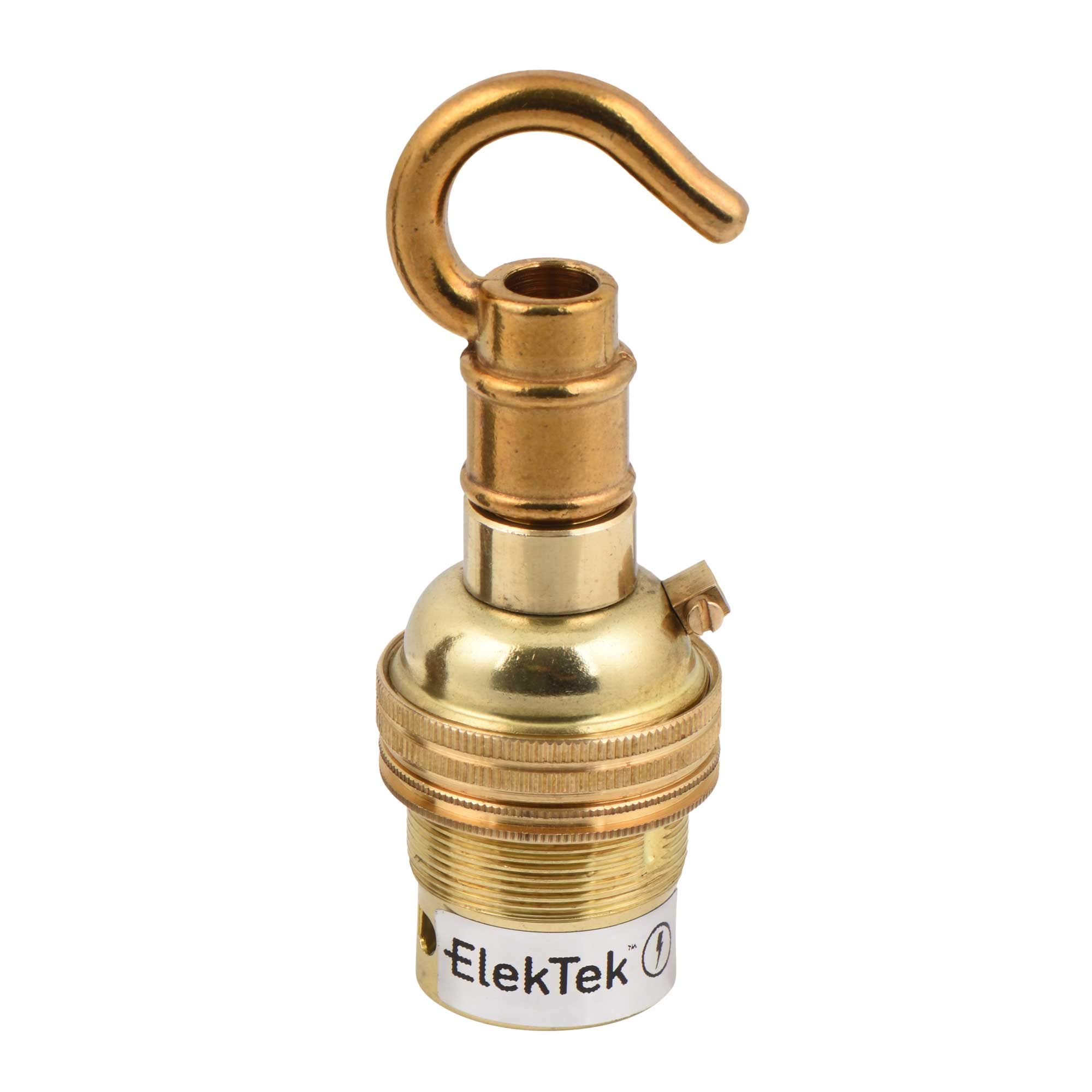 ElekTek Unswitched Lamp Holder B22 BC Bayonet Cap & Shade Ring with Solid Cast Brass Hook for Ceiling, Bracket or Chain Suspension - Made in UK - Brass