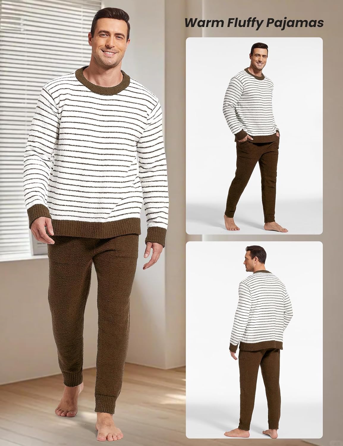 Yimoon Mens Fleece Pajama Set Striped Warm Fluffy Pjs Set Winter Long Sleeve Soft Fuzzy Sleepwear - Image 2