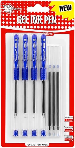 4 pcs Blue Gel Pens with Refills, Smooth Writing Fine Point Gel Ink Pens Set for School, Office, Journaling, Note Taking & Students