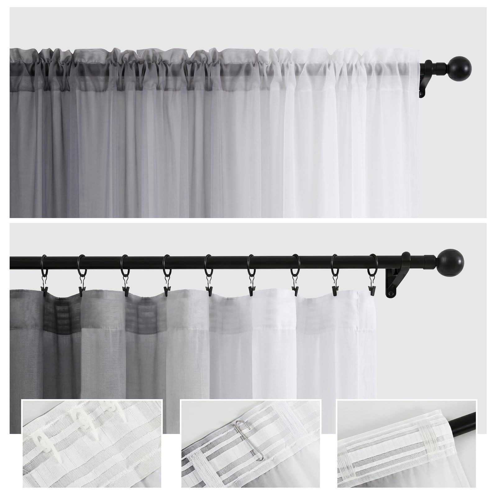 Melodieux Ombre Gardinen mit Kräuselband - Transparent Vorhänge für Wohnzimmer 2er Set, 260x140cm Grau, Leicht Gardinen für Schule, Küche, Kinderzimmer, Terrasse, Gartenpavillon