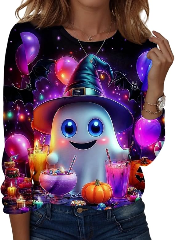 Halloween Shirts for Women Long Sleeve Plus Size Fashion Crewneck Comfortable Tshirts Halloween Costumes for Women