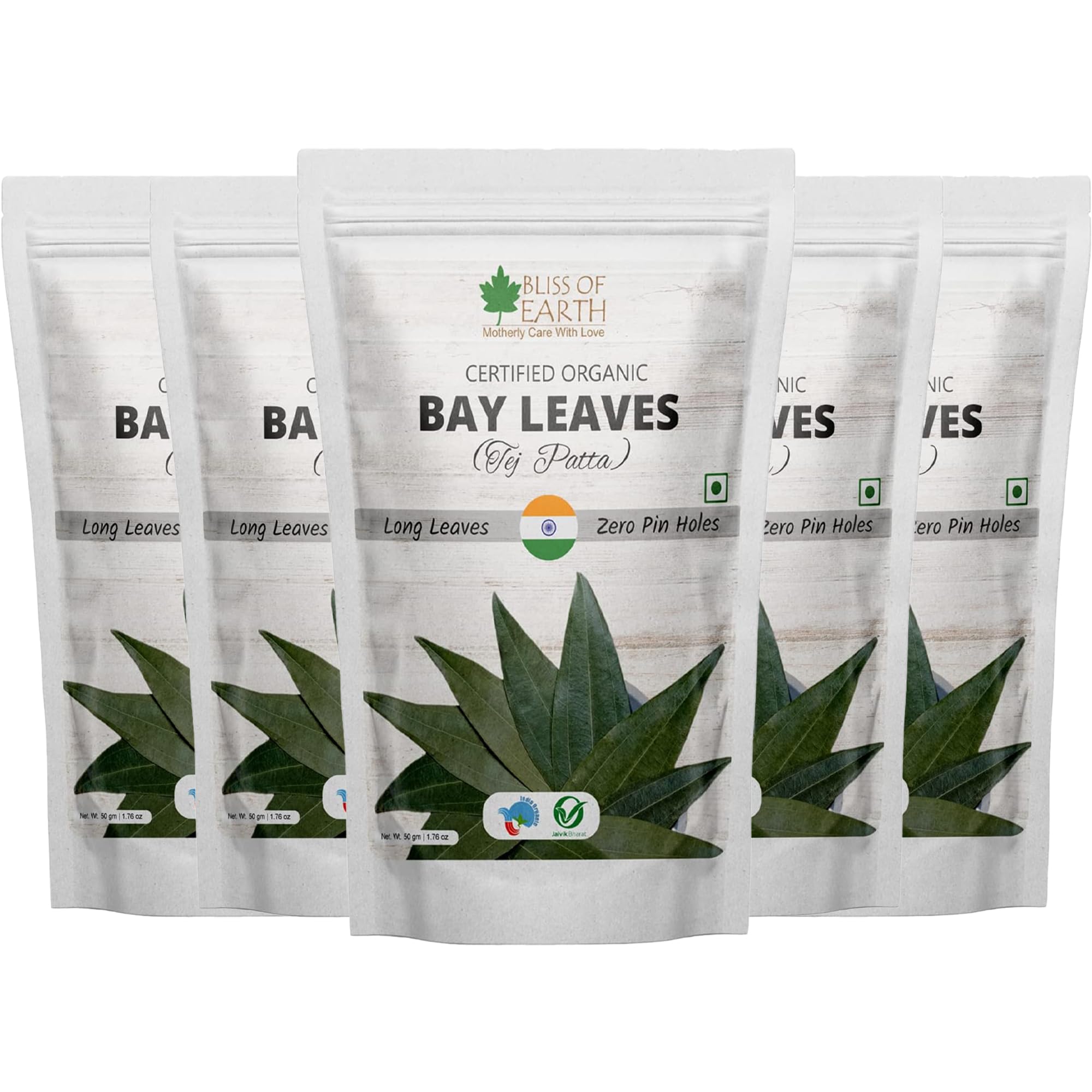 Bliss of Earth 5x50gm Certified Organic Indian Bay Leaves, A1 Grade Tej Patta with Consistent Green Color, with No Pin Holes or Dust (Pack Of 5)
