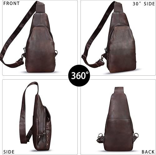 Miniatura 2 de Bolso de cuero genuino para mujeres y hombres hecho a mano de cuero bandolera mochila pecho bolso bandolera bandolera, Café, Mochilas Sling