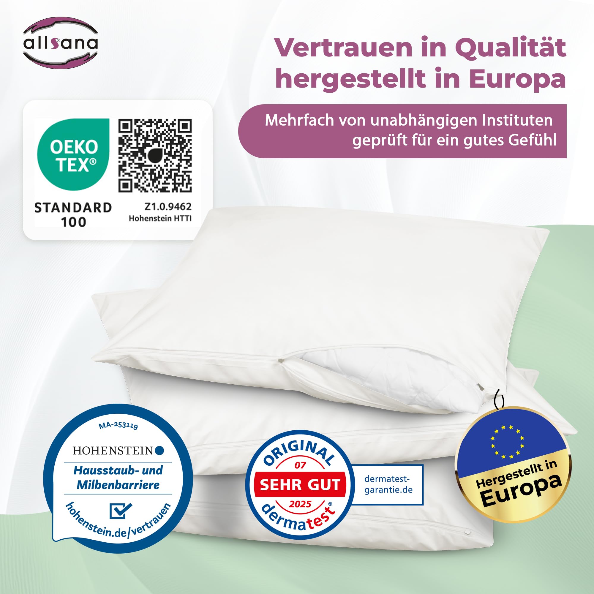 allsana - Federa per cuscino anallergica, dimensioni 80 x 80 cm, rivestimento per biancheria da letto con protezione antiacaro, per le persone allergiche alla polvere, testato da TÜV