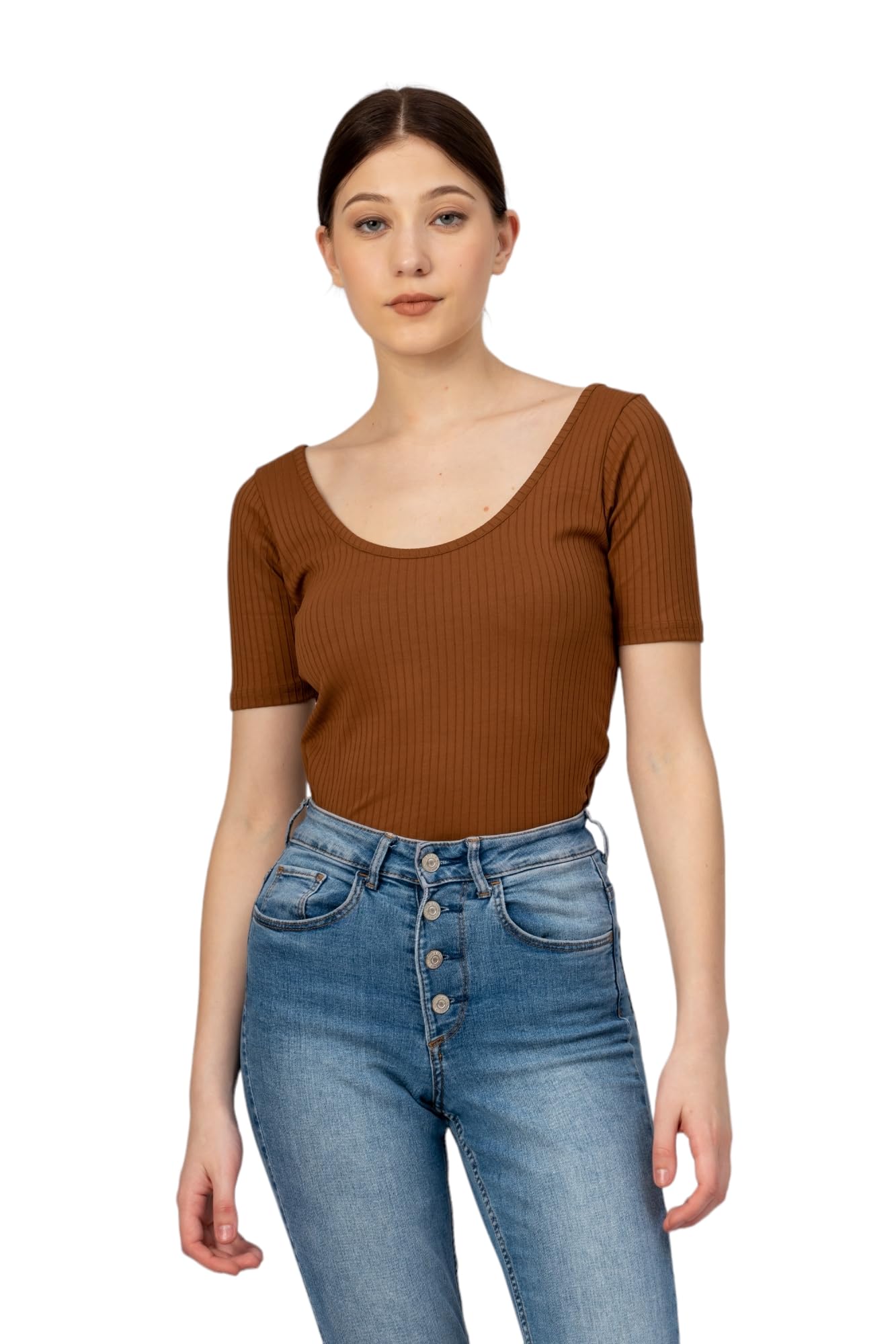 Solid Deep Neck Short Sleeves Regular Fit Casual Stripped Top for Women-image-2