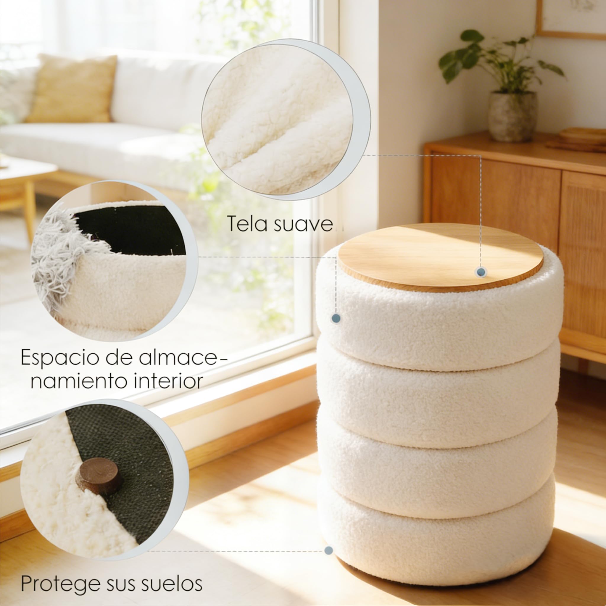 Taburete Redondo de Bouclé Blanco con Almacenaje y Tapa Reversible – Puff Multifuncional para Tocador, Salón, Dormitorio y Habitación Infantil