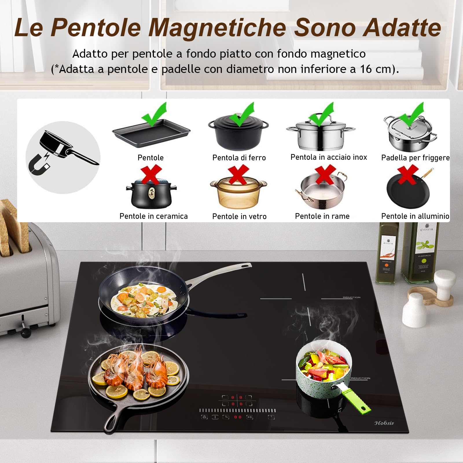 Hobsir Piano Cottura a Induzione con Spina, Piano Cottura Induzione 4 Fuochi, 3500W, Piano Cottura da Incasso Con Zona Flex, Blocco per Bambini, Comando Touch a Scorrimento