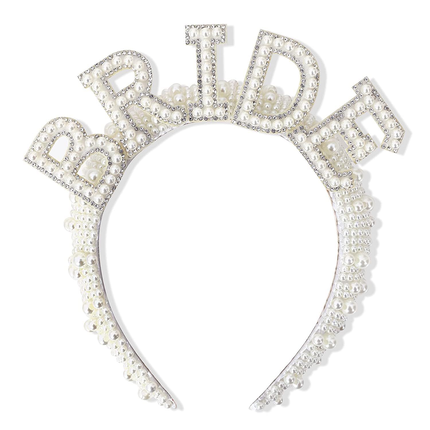 HPMAISON Disfraz Despedida Soltera Bride To Be Headband Despedida de Soltera Accesorios Team Bride Diadema de Novia Tiara de Perlas Blancas para Mujeres Niñas Despedida de soltera Regalos de Novia