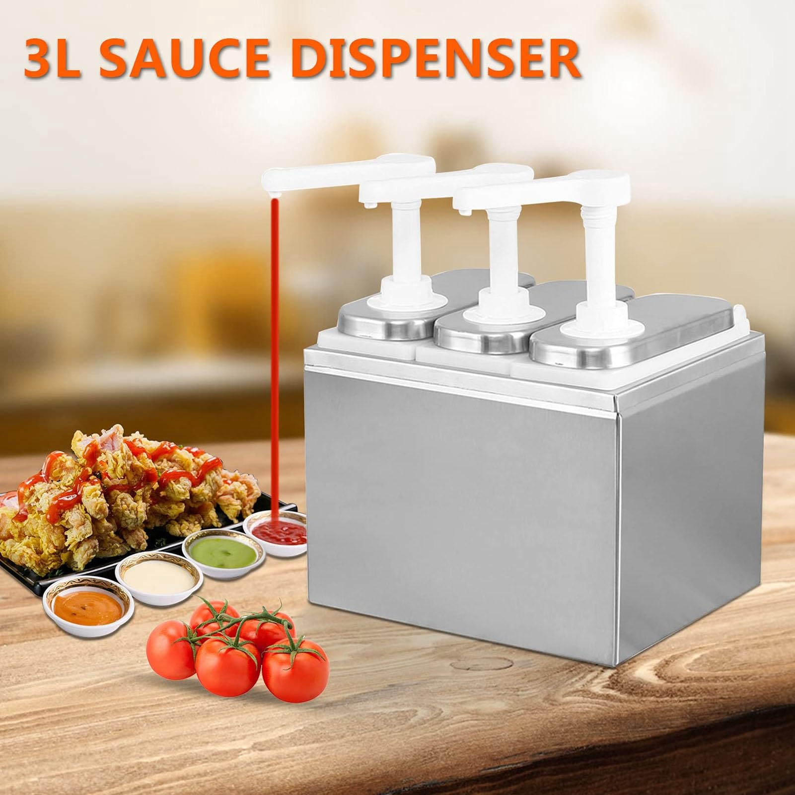 Sauce Dispenser Pumpe, Edelstahl Gewürz Station Flüssigkeit große Kapazität Lagerung Eimer Geschirr Nachfüllung Squeeze Korbtop für Ketchup, Salatdressings, Grillsauce (2-Liter-Dreifachpumpe)