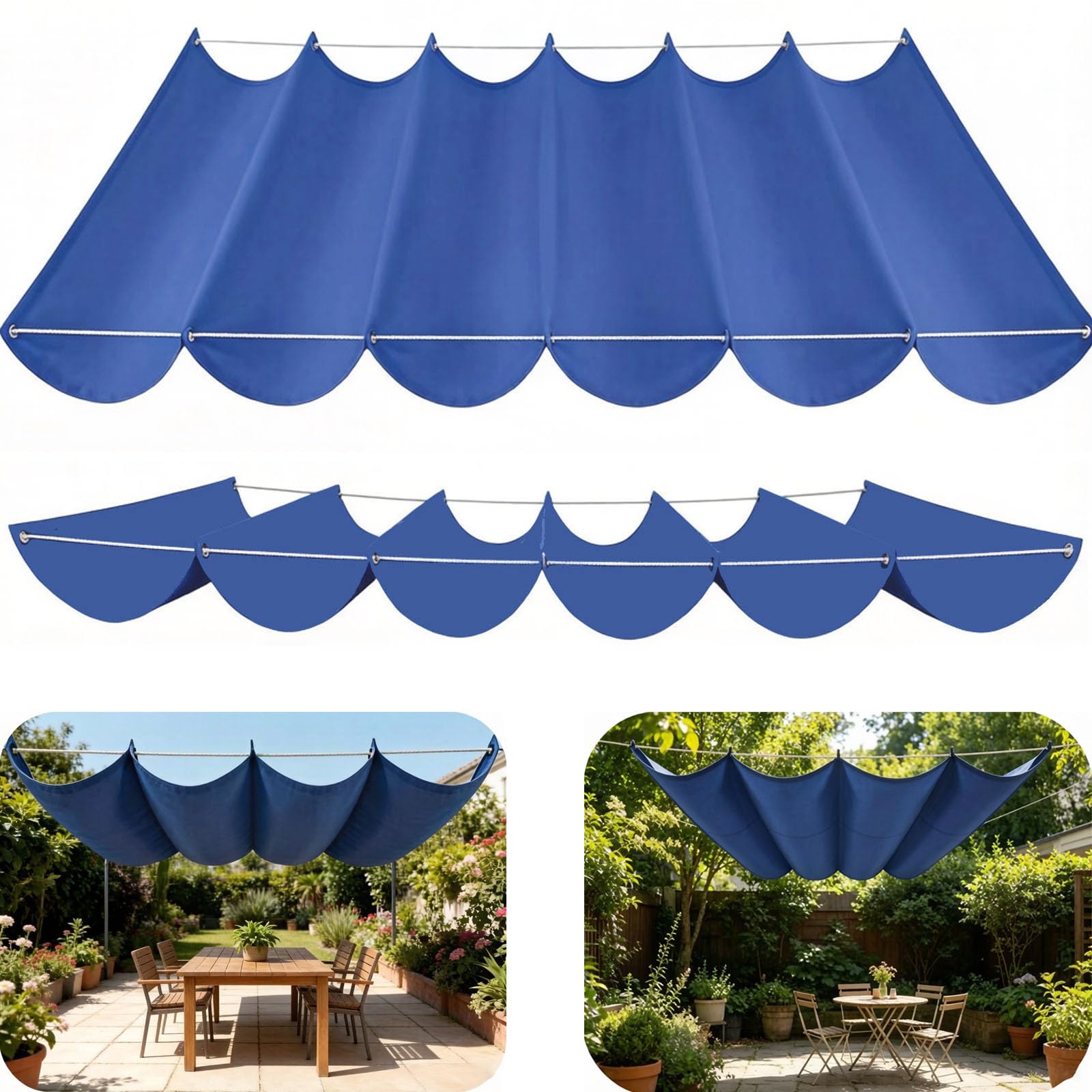 Retractable Sun Sail Shade Canopy for Outdoor Use, Retractable Wave Sun Shade Sail, Wave Design, Thickened Fabric, Block With Rope Patio Awning Cloth Durable Garden Shade Sail-Royal blue||60x1000cm