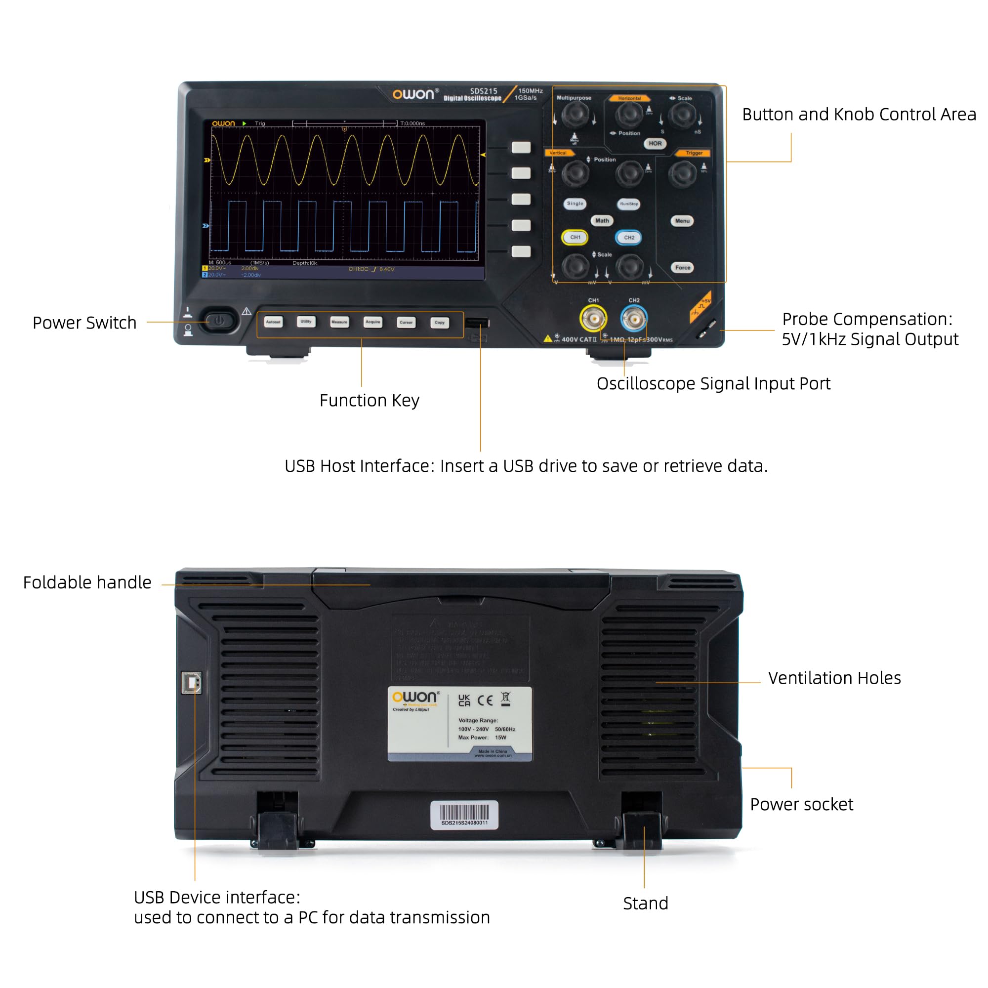 OWON Osciloscopio de 150MHz de ancho de banda, 2 canales, oscilógrafo digital, soporte de 30 mediciones automáticas de forma de onda con pantalla TFT LCD de 7" (2CH/150MHz/SDS215)