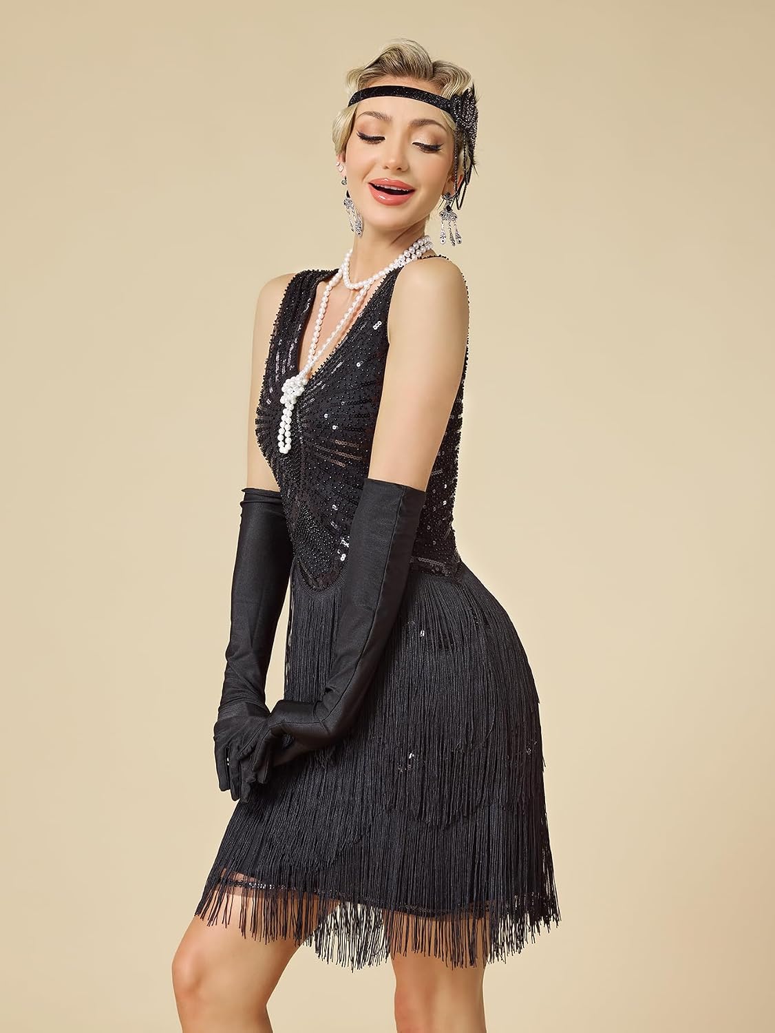 MTITE Women’s Flapper Dress 1920s for Women, Great Gatsby Dress V-Neck Evening Sequin Beaded Fringed with 20s Accessories