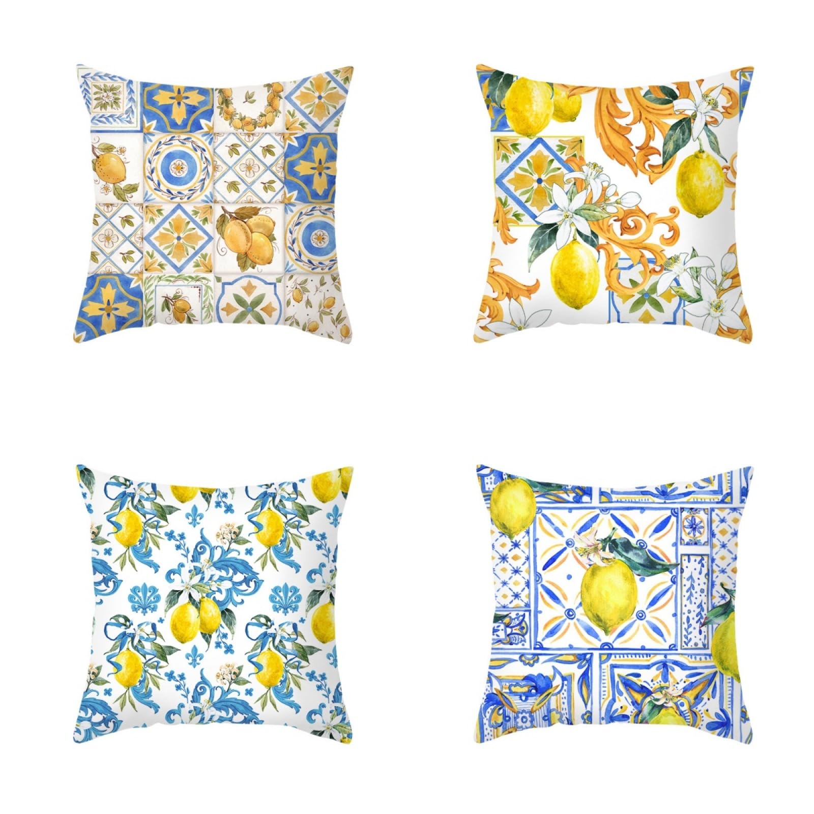 Pillow Cases 4 Pack Blue Yellow Geometry Cushion Covers Soft Linen Cushions with Covers Included Washable Sofa Cushions with Invisible Zip Pillowcase Breathable Pillow Cover 60x60 Cushion Cover