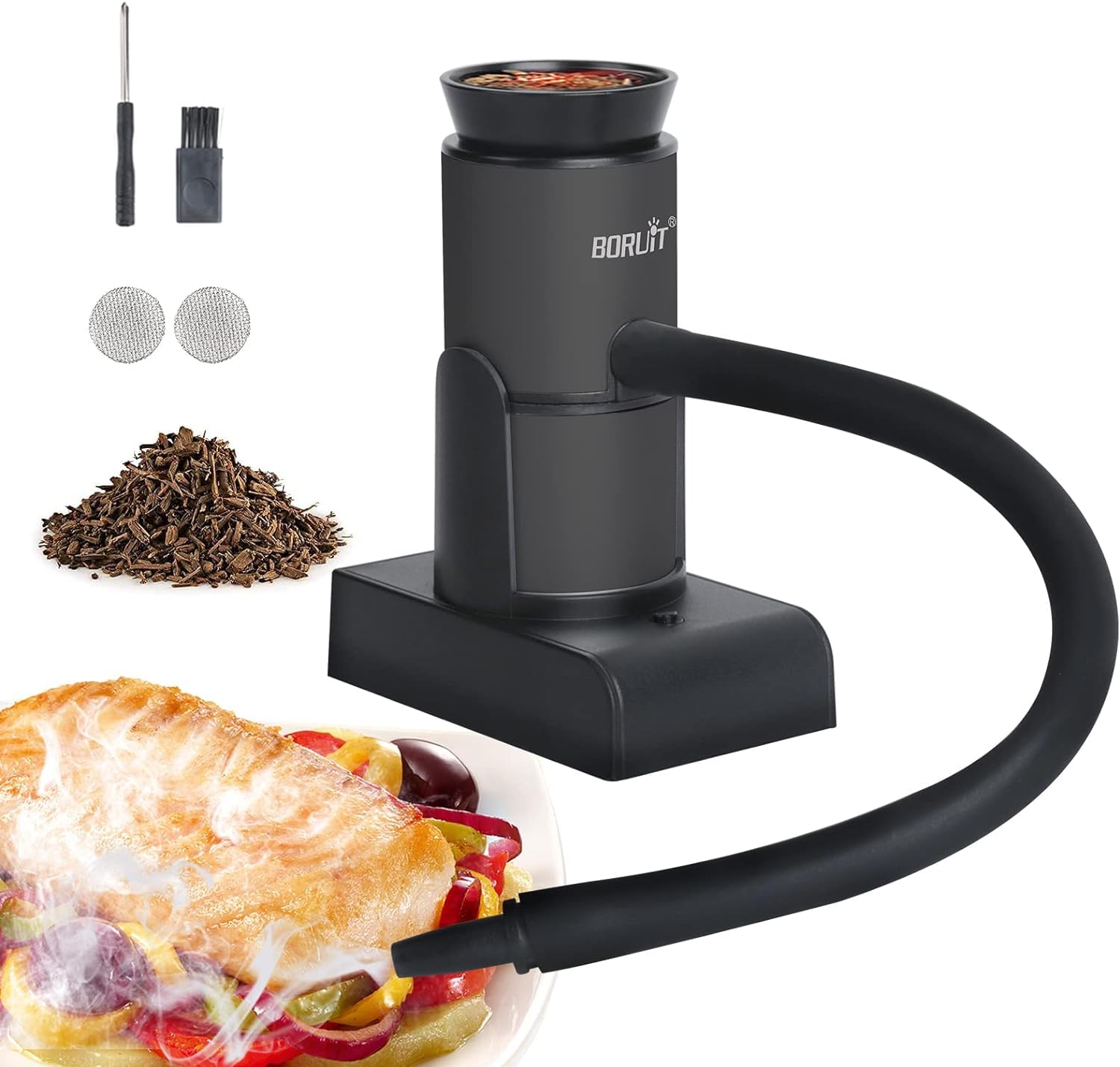BORUIT Smoke Gun, Portable Fumeurs Cocktail Fumé Rempli de Copeaux de Bois, Nourriture Cuisine Viande Smoker Saumon Cocktail Fromage Barbecue, Parfait Cadeau Gourmand
