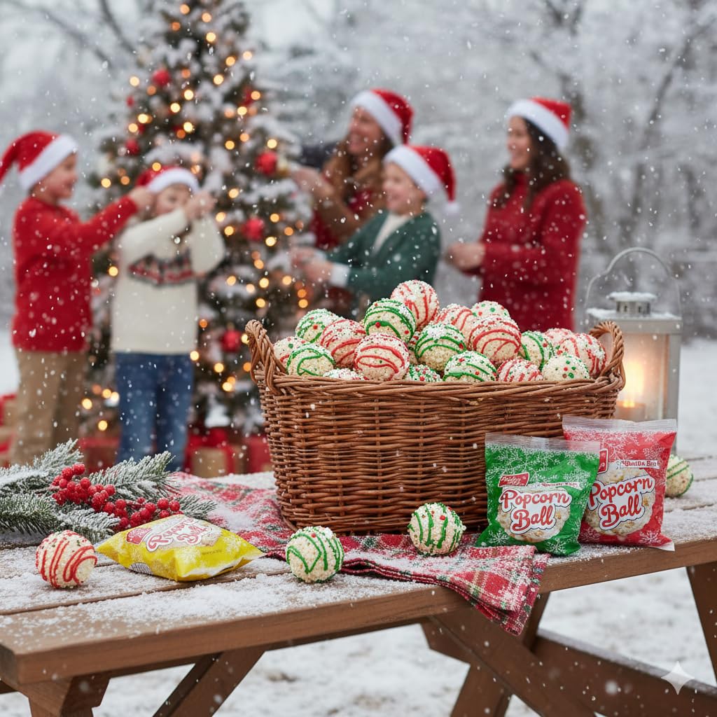Fun Express Christmas Popcorn Ball Snack Packs - 18 Individual Bags of Sweet Holiday Treats | Perfect Stocking Stuffers, Party Favors & Goodie Bag Fillers for Kids & Adults | Festive Red & Green