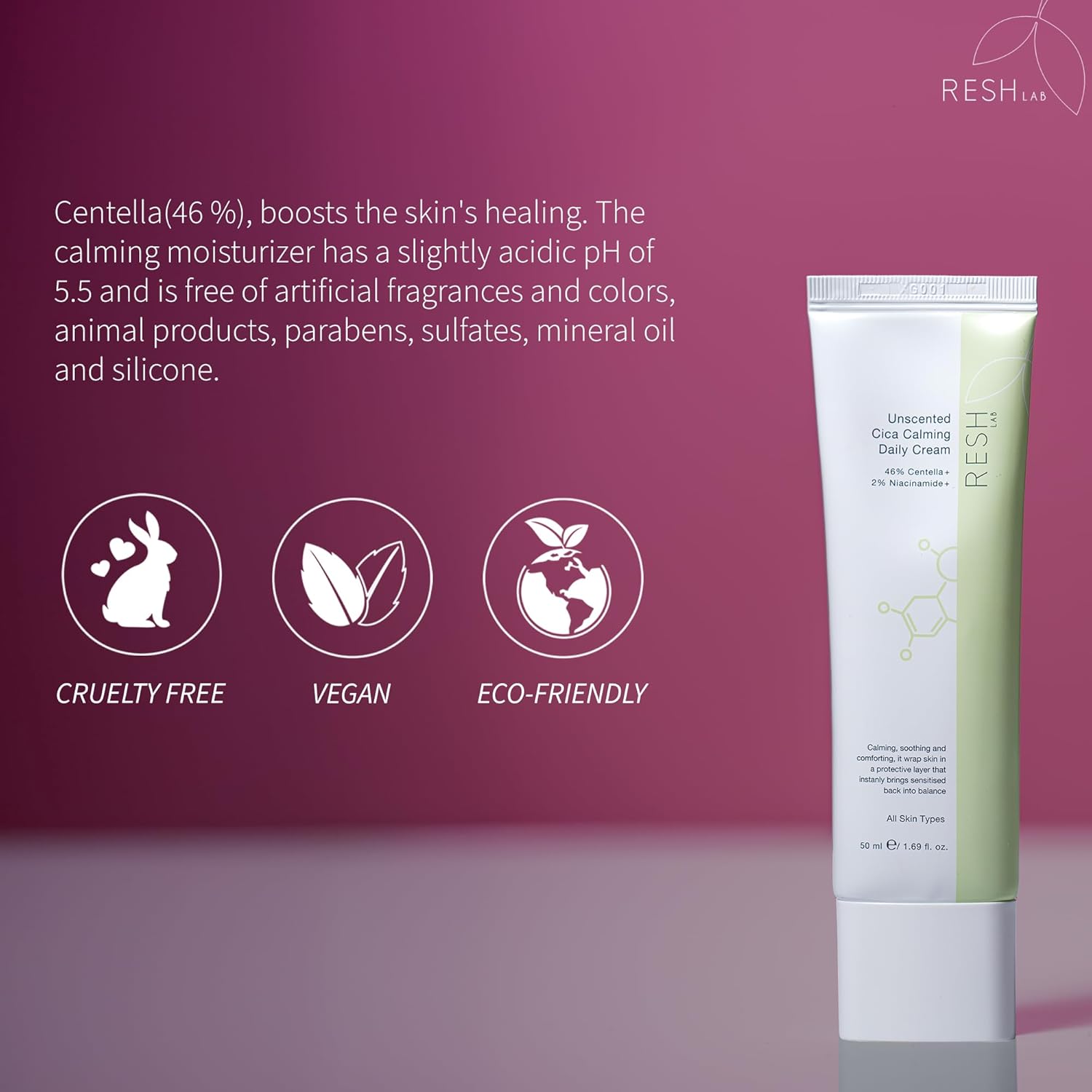 Resh Lab Korean Cica Repair Cream – Hydrating Face Moisturizer for Sensitive & Dry Skin | Redness Relief, Soothing Cream with Ceramide & Panthenol (Fragrance-Free, 50ml) - Image 3