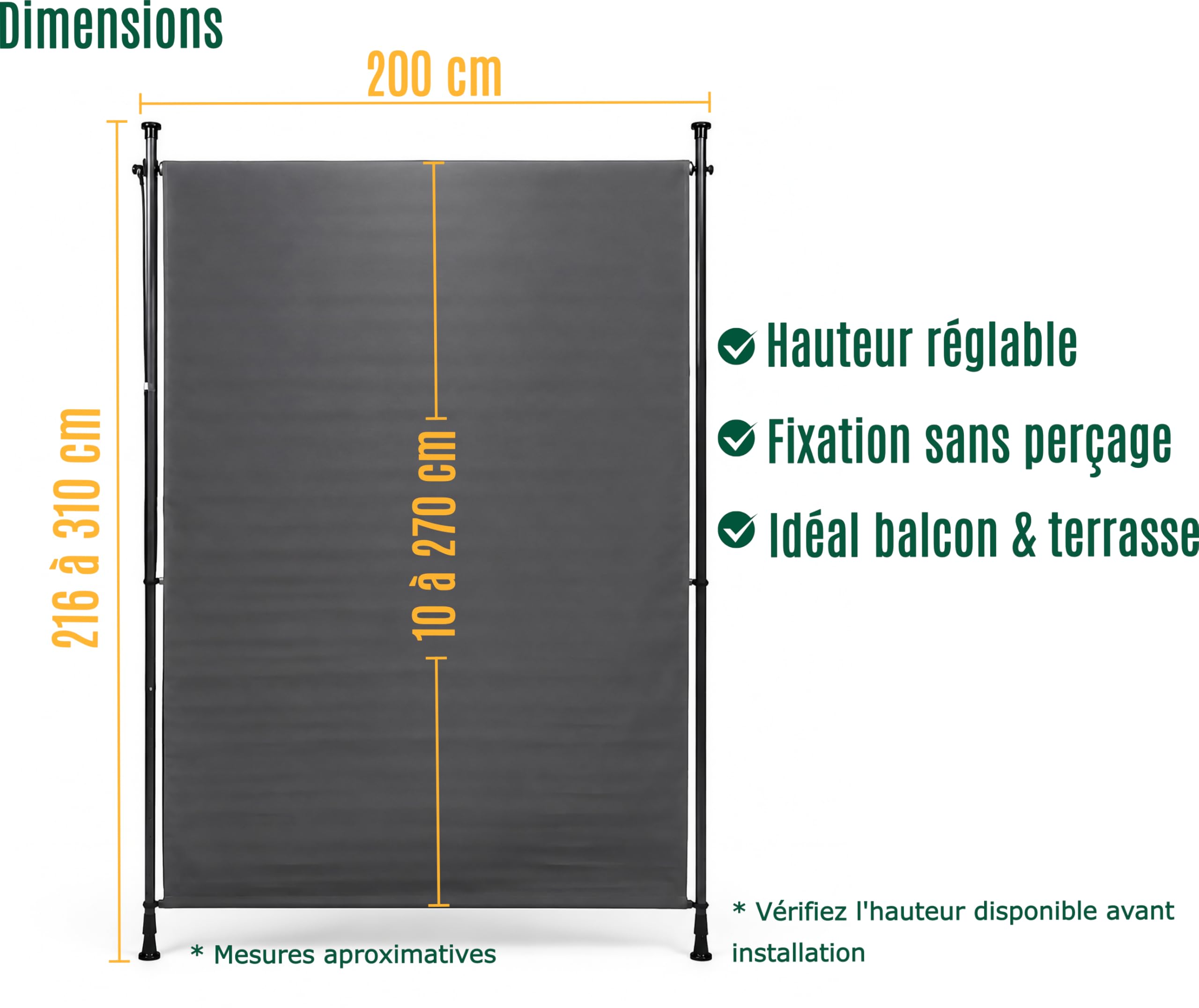 Canopée Store Store Vertical sans perçage 200 x 310 cm à manivelle, Brise-Vue extérieur pour Balcon terrasse Jardin, Protection Solaire et visuelle, Anthracite (Gris, 2x3.1m)
