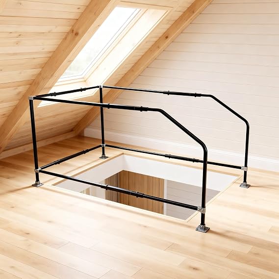Rust Guardrails Attic Ladder Safety Railing - Adjustable Alloy Steel with 3-Sided ...