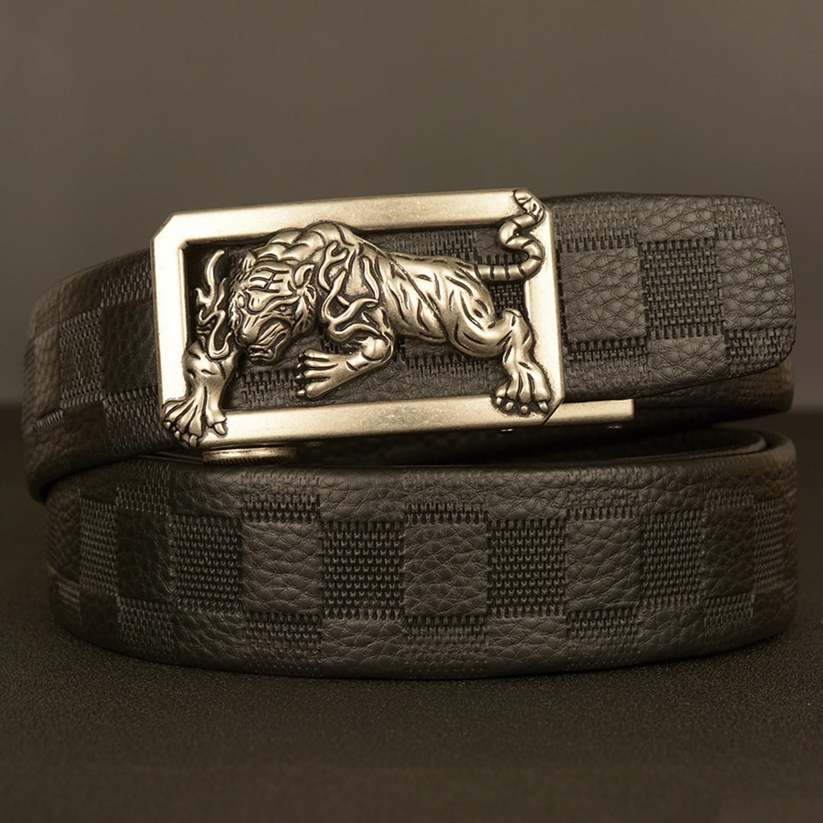 Cinturón De Cuero Con Trinquete Deslizante Moda, Hebilla Automática Grabado Tigre, Cinturón Ocio Clásico Ajustable (cintura 110 Cm/37 Pulgadas, Plateado)