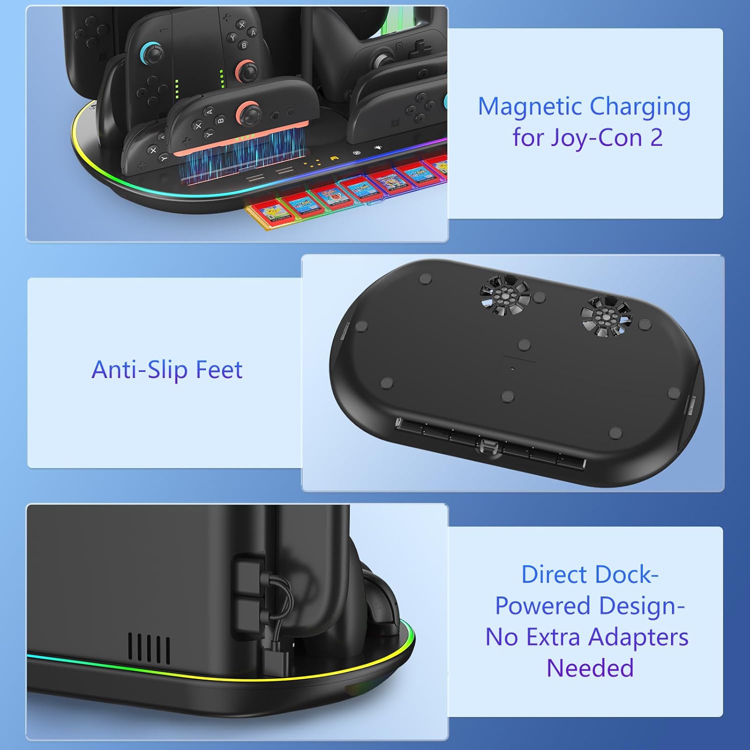 Charging Station for Switch 2 with Cooling Fan DOBEWINGDELOU Controller Charger for JoyCons and Pro Dock Stand with RGB Light 2 USB Ports 7 Game Card Slots LED Indicators - Image 8