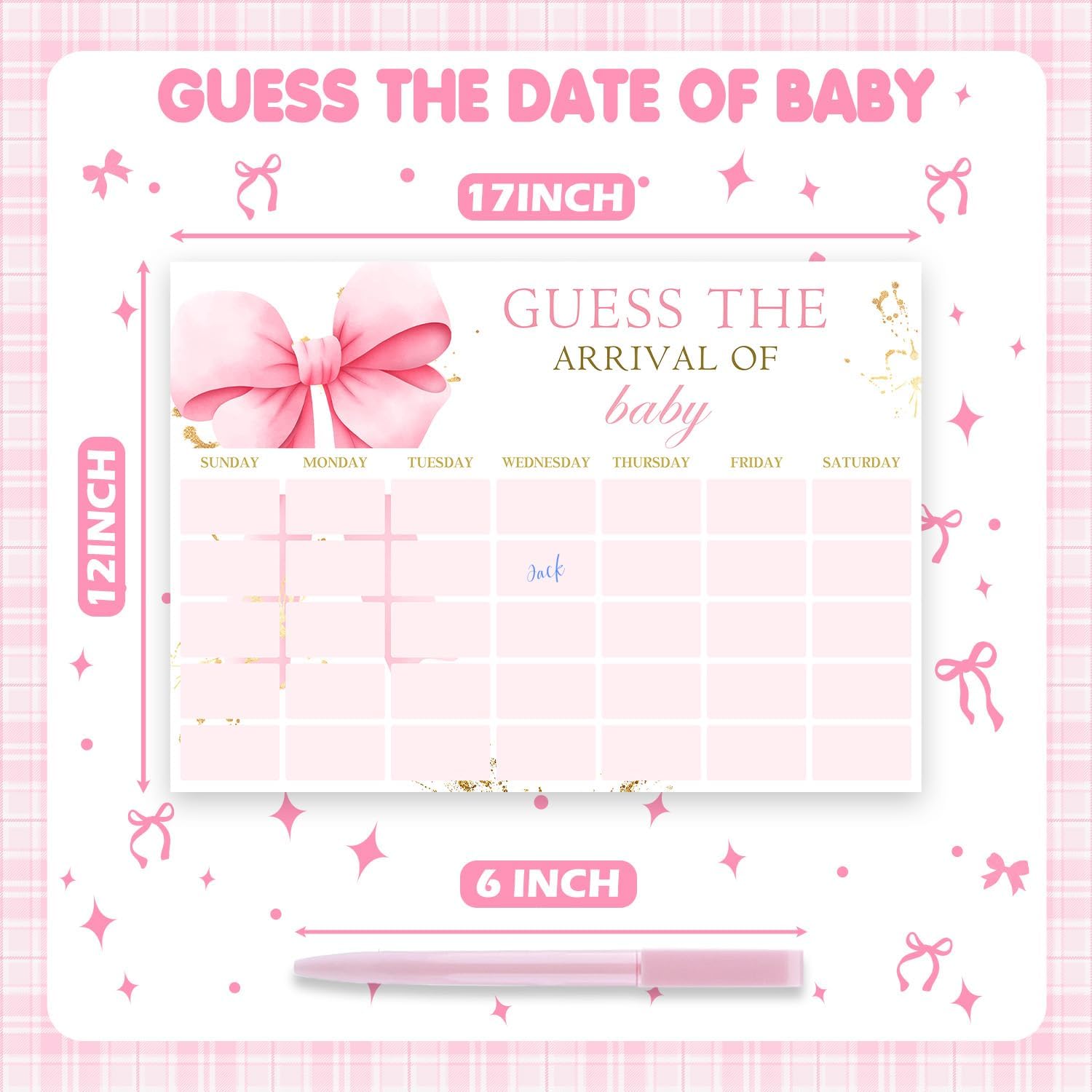 Pink Bow Baby Shower Decorations, Bow Themed Party Decorations, Baby Shower Activities for Guests, Guess The Due Date of Games with 1 Pink Pen, Guess The Arrival of Calendar