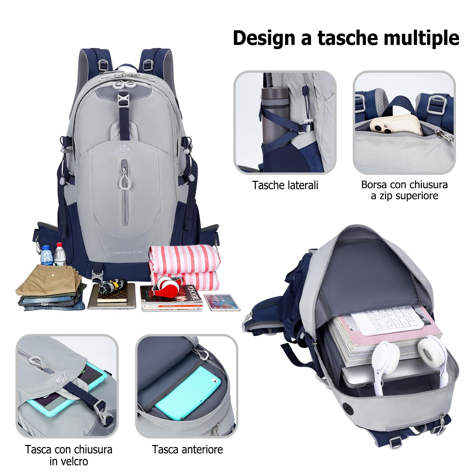 Zaino da Escursionismo 40L con Copertura Antipioggia Zaino Outdoor Ergonomico Traspirante Riflettente Backpack per Campeggio Viaggi Blu Marino