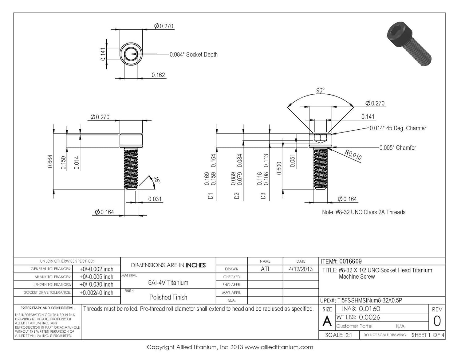 0016609, (Pack of 10) #8-32 X 1/2 UNC Socket Head Machine Screw, Grade 5 (Ti-6Al-4V)
