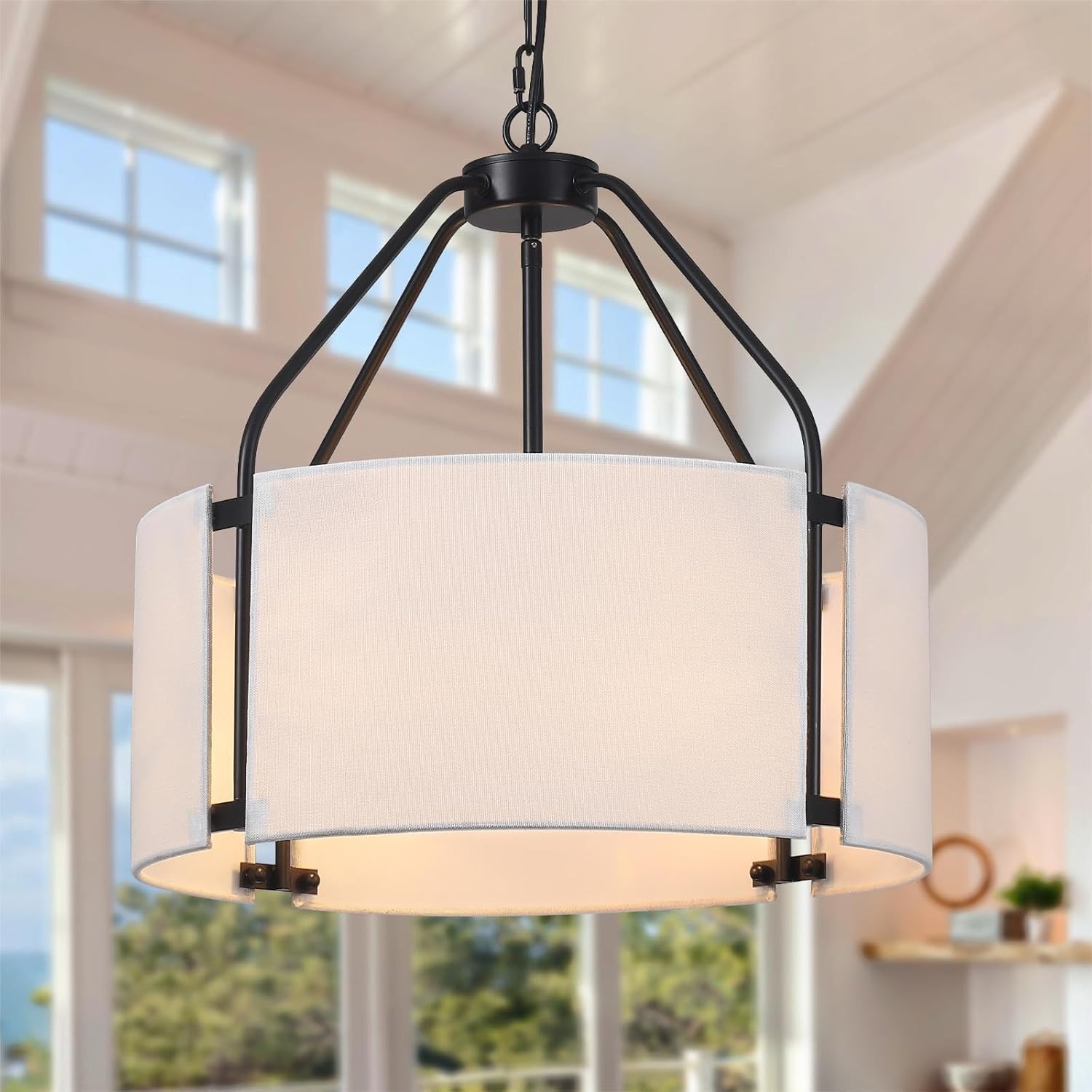 Drum Chandeliers, 18'' Drum Pendant Light Fixture with White Linen Fabric Shade, White Chandelier Adjustable Modern Farmhouse Hanging Lights for Dining Room Bedroom Kitchen Foyer Entryway