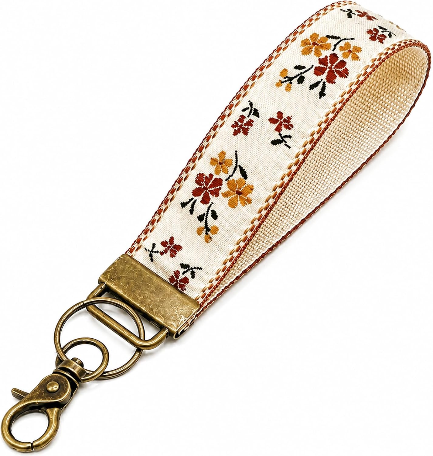 Stylish Embroidered Keychain Wristlet for Women, Portable Fabric Wrist Keychain with Metal Hardware
