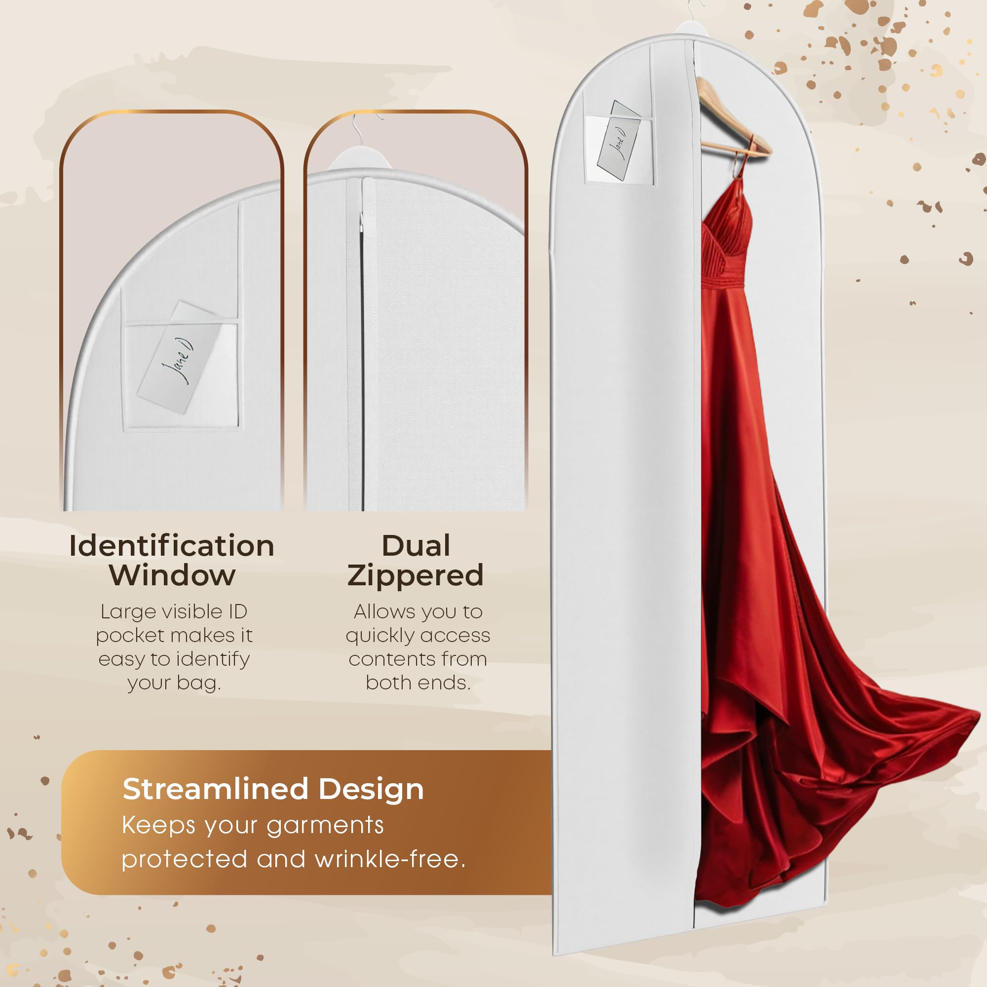 Amazon.com: 72" Long Dress Bags for Gowns - Wedding Dress Garment Bag for  Dresses - Long Garment Bags for Hanging Clothes & Closet Storage - Durable  Travel Bag for Women with ID