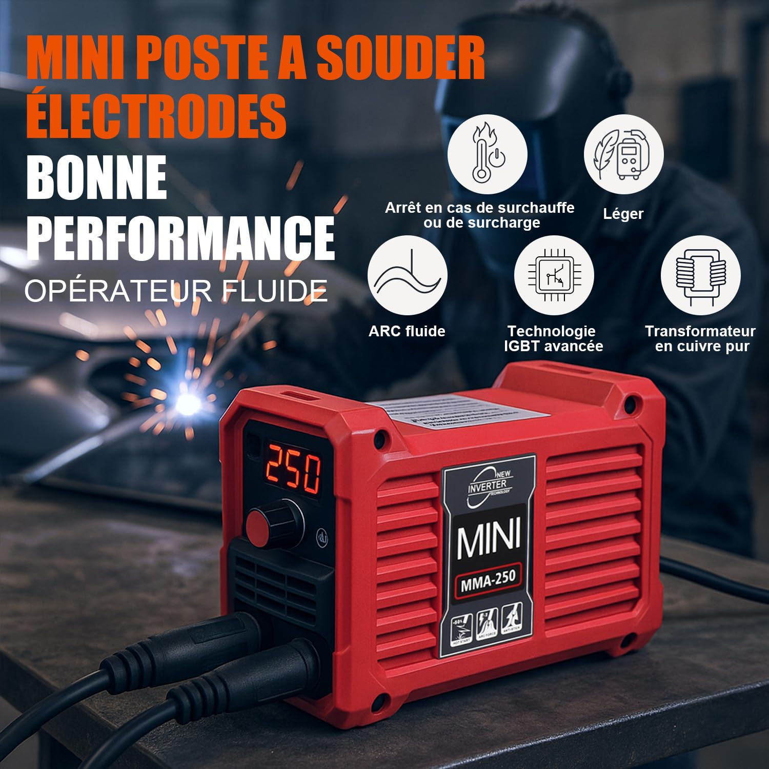 VOBOR Mini Poste a Souder Électrodes, Inverter Poste à Souder Fil Fourré avec Technologie IGBT, Affichage LED, Anti-Stick, Portable Station de Soudage, MMA 250