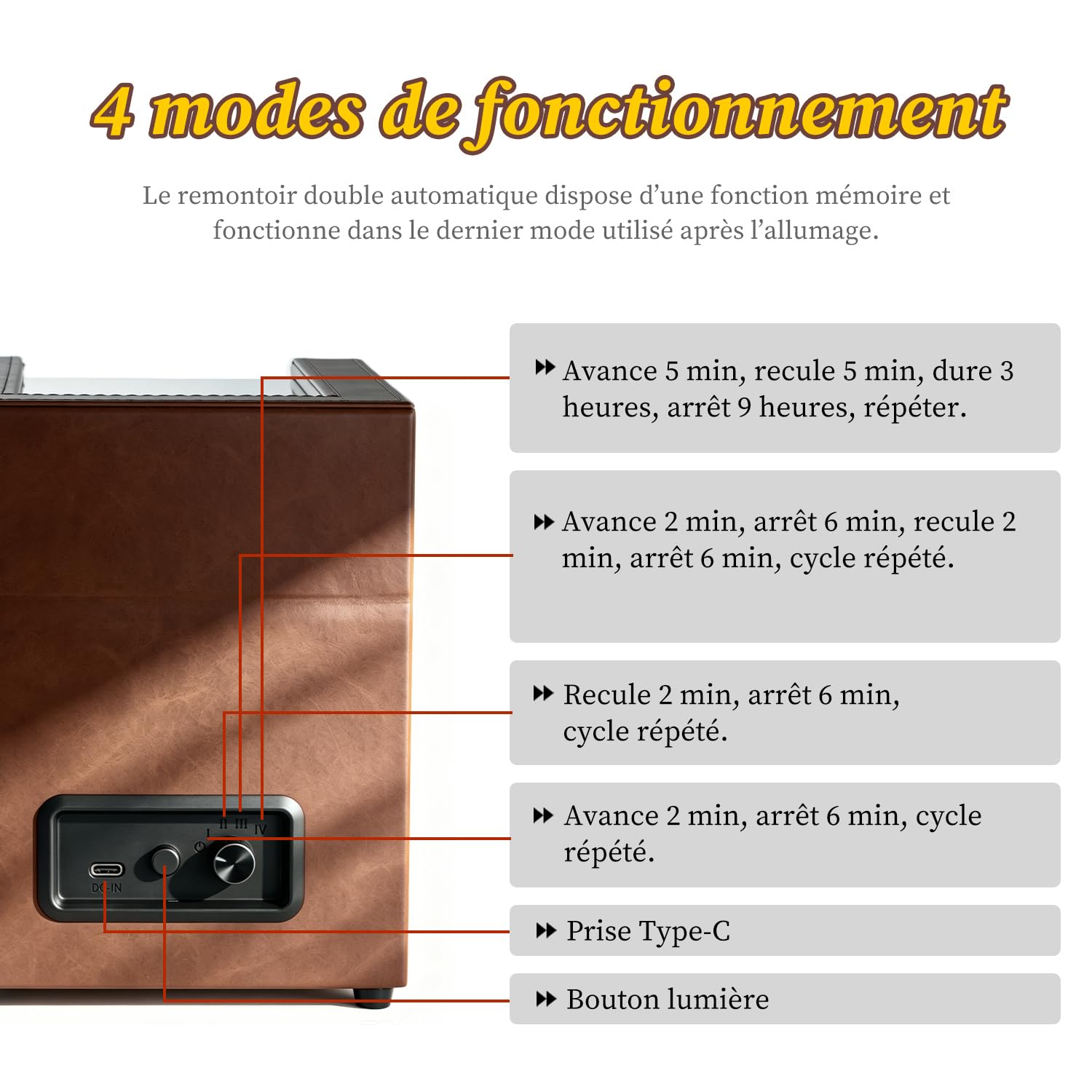 Double Remontoir de Montre avec lumière LED, Boîtes de Remontoir de Montre pour 2 Montres avec 5 Modes de Rotation Automatique et Chargement Type C USB – Marron