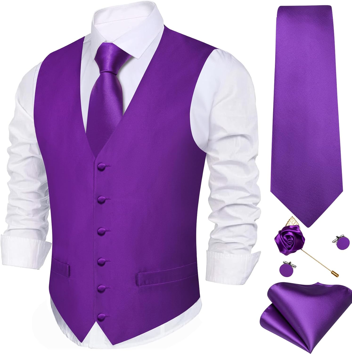 Barry.Wang Men's Suit Vest Formal/Leisure Paisley Jacquard Silk Tie Pocket Square Waistcoat Set Wedding 5PCS