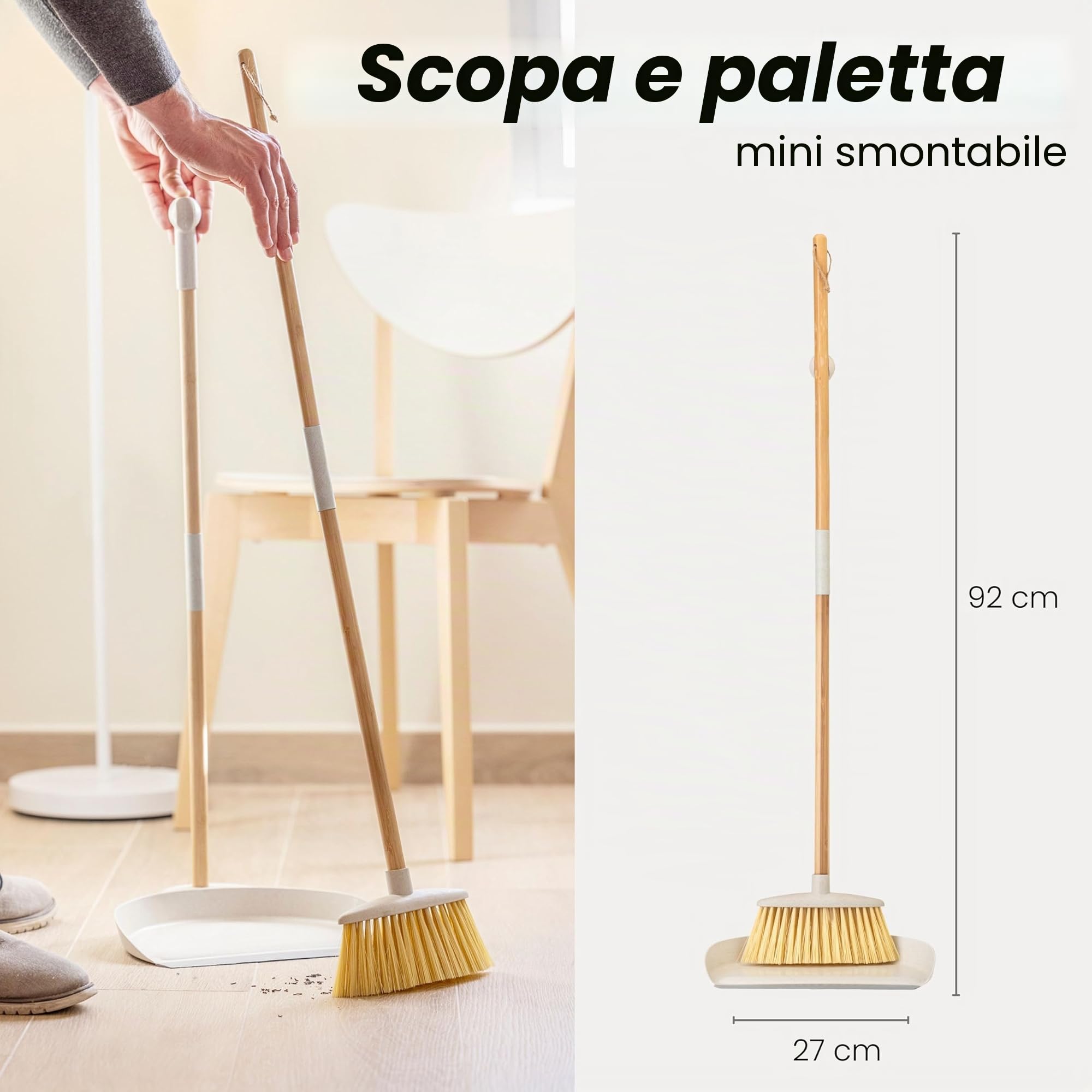 VIGAR - Scopa e Paletta - Modello Mini Staccabile - 29 x 27 x 92 cm - Collezione Zeroline - Risparmia Spazio in Cucina - con Legno di bambù - Grigio
